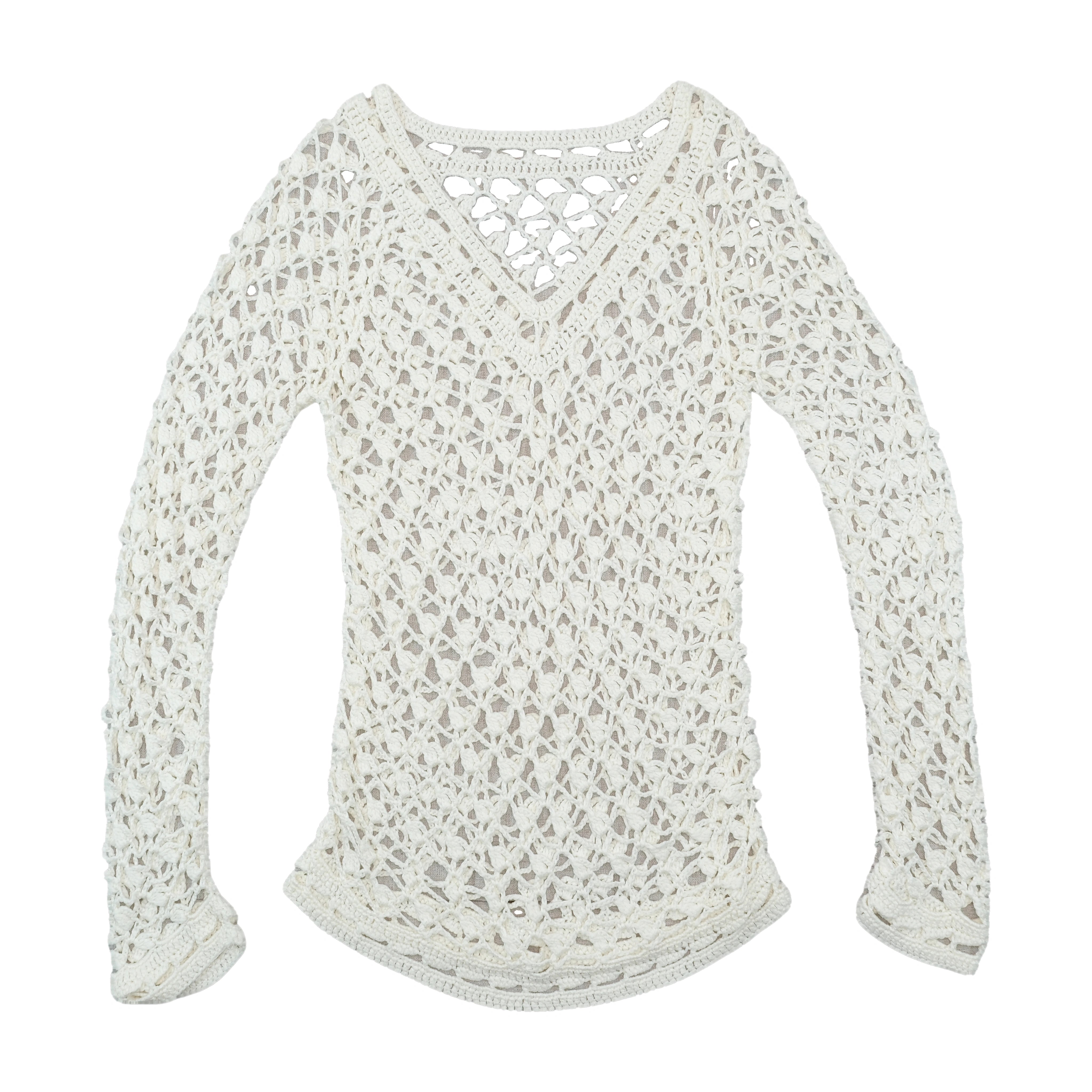 Open Knit Crochet V-Neck Sweater