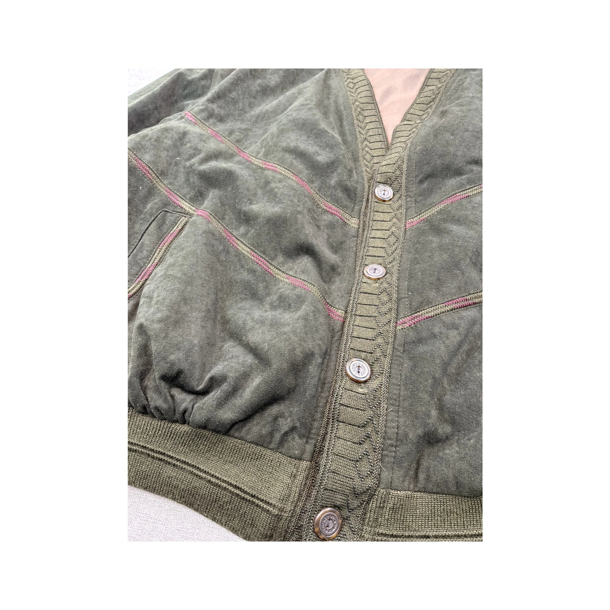Vintage Olive Green Suede-Look Button Front Ribbed Jacket
