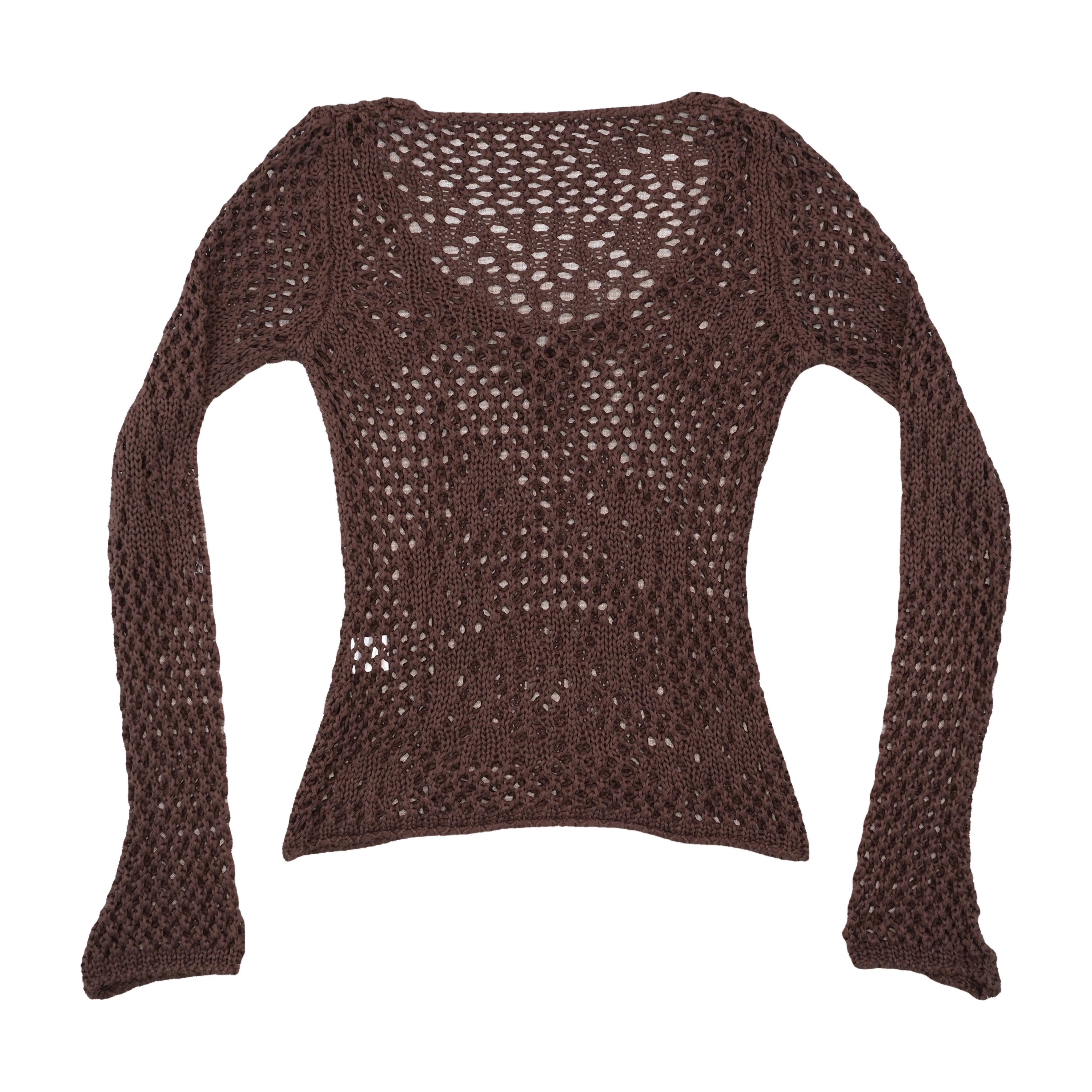 Brown Crochet Knit V-Neck Sweater