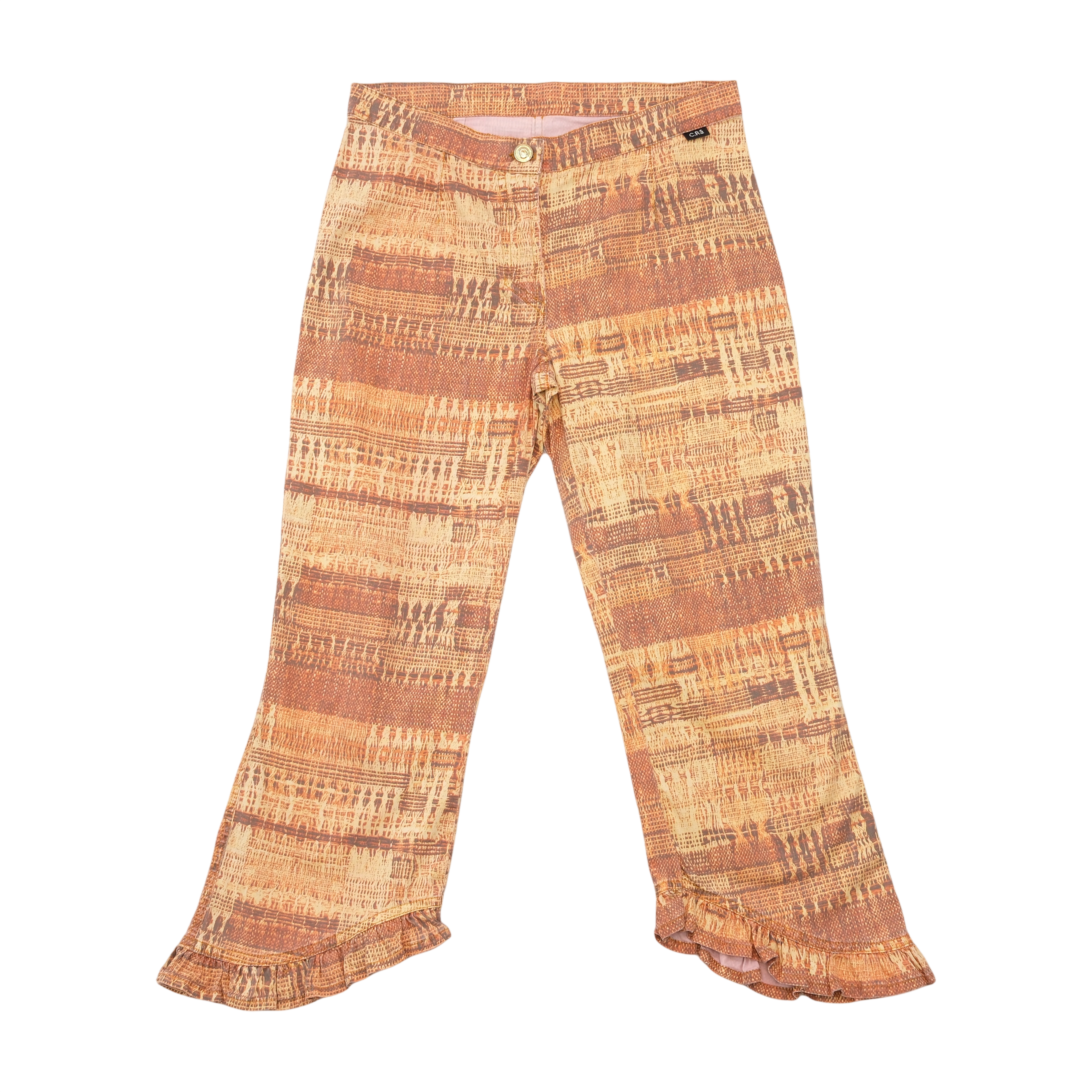 C.Ria Abstract Print Ruffle Hem Cropped Pants