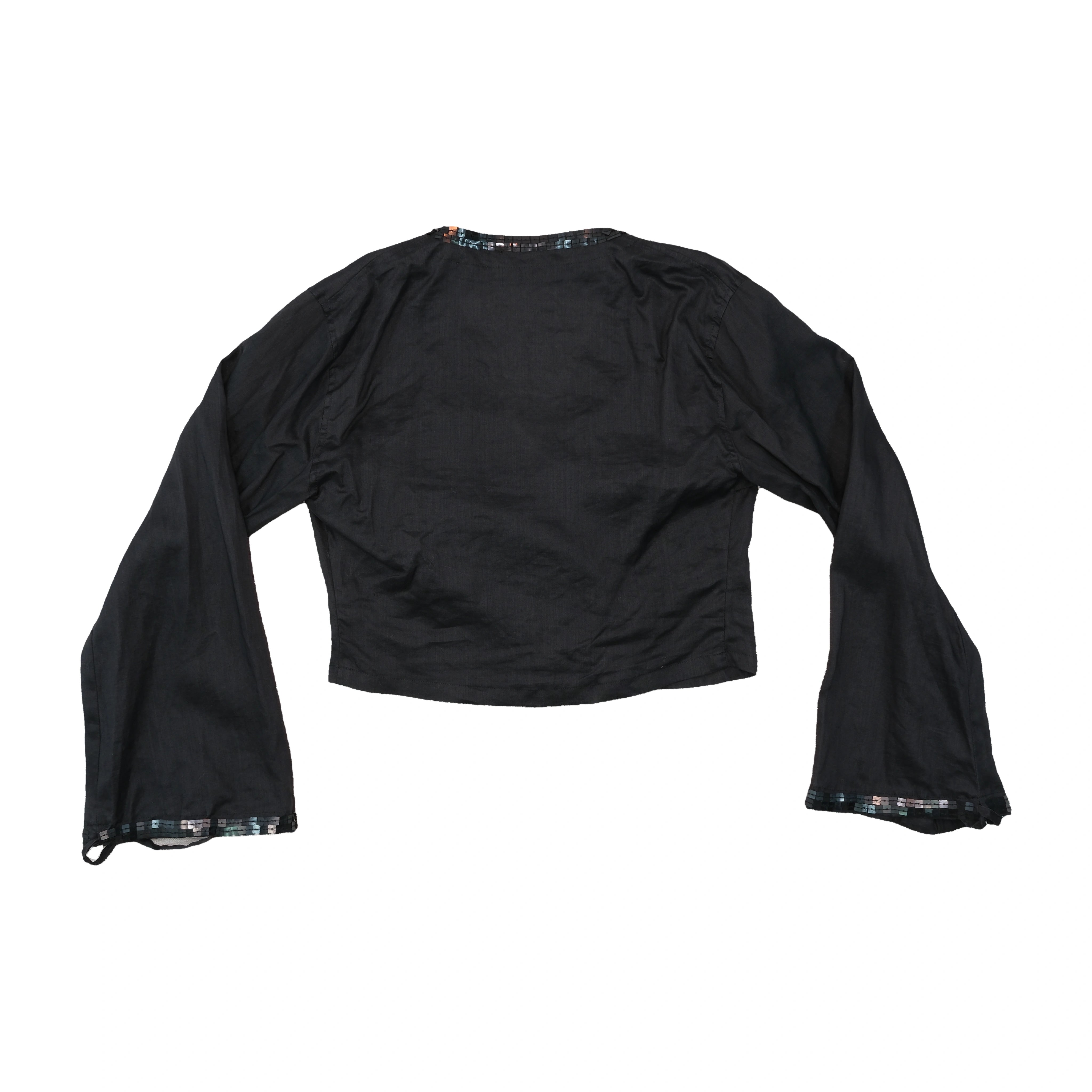 Americo Tavar Embellished V-Neck Tie Front Cropped Blouse