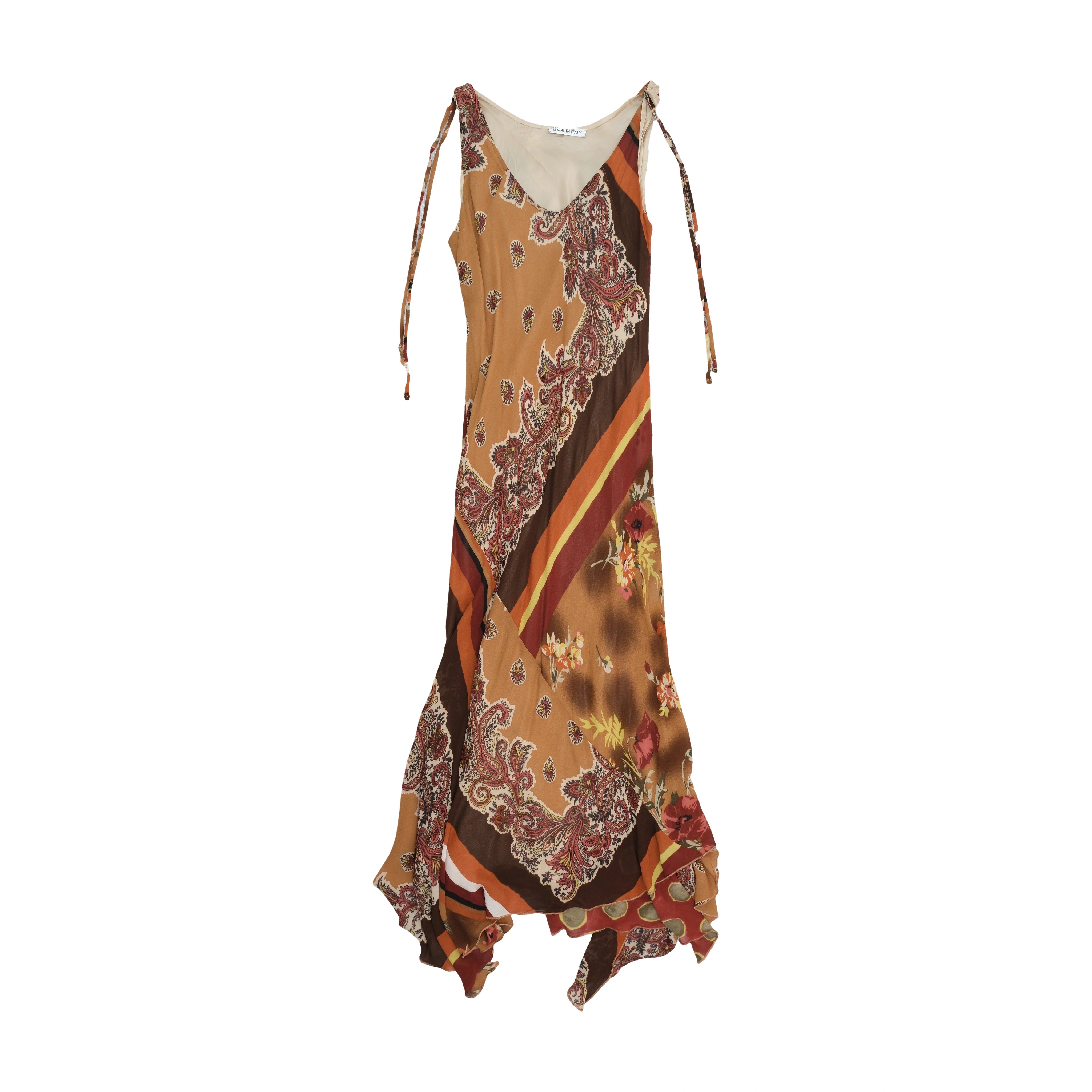 Made in Italy Patchwork Paisley Floral Tie Shoulder Handkerchief Hem Midi Dress