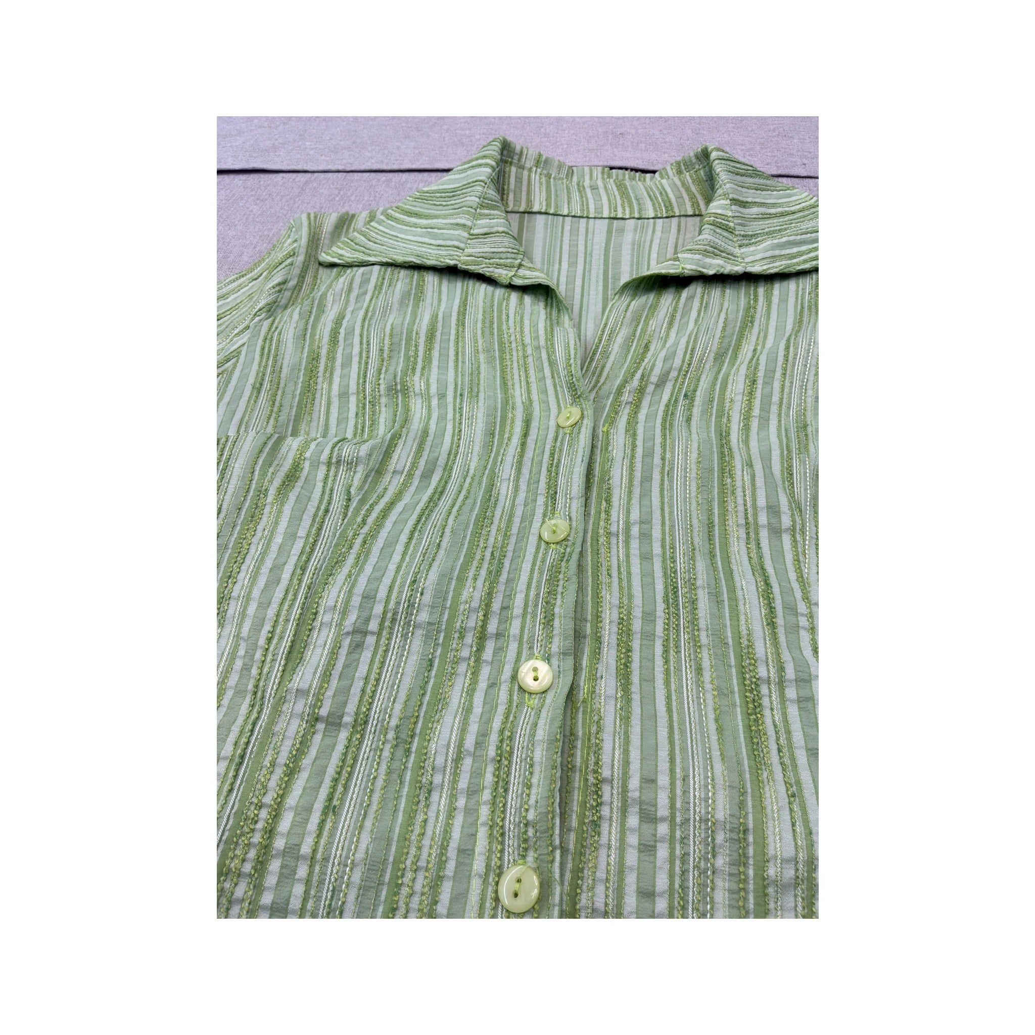 Vintage Textured Green Stripe Button Up Shirt