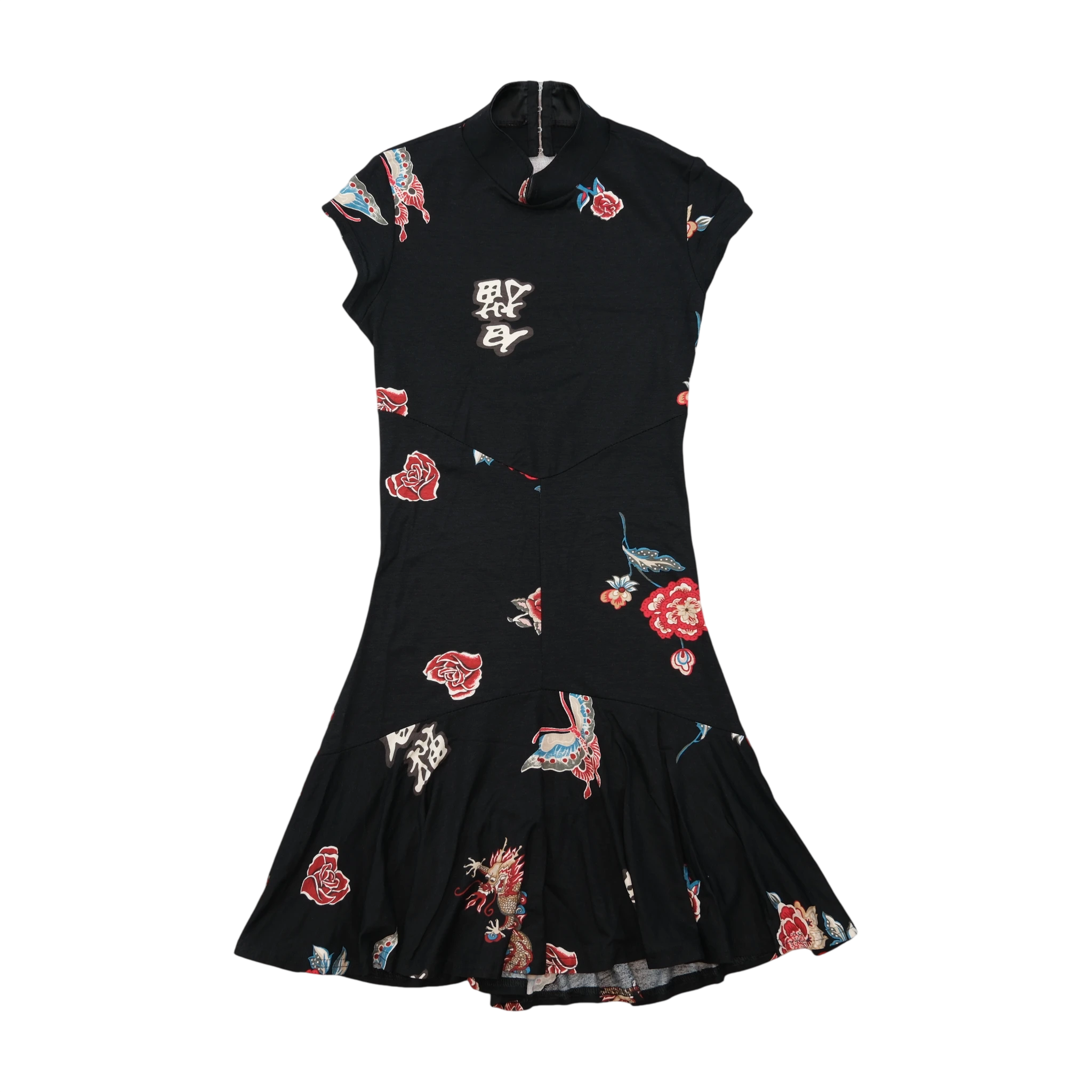 Mini vestido com estampado de Dragão & rosas e Atilhos nas Costas