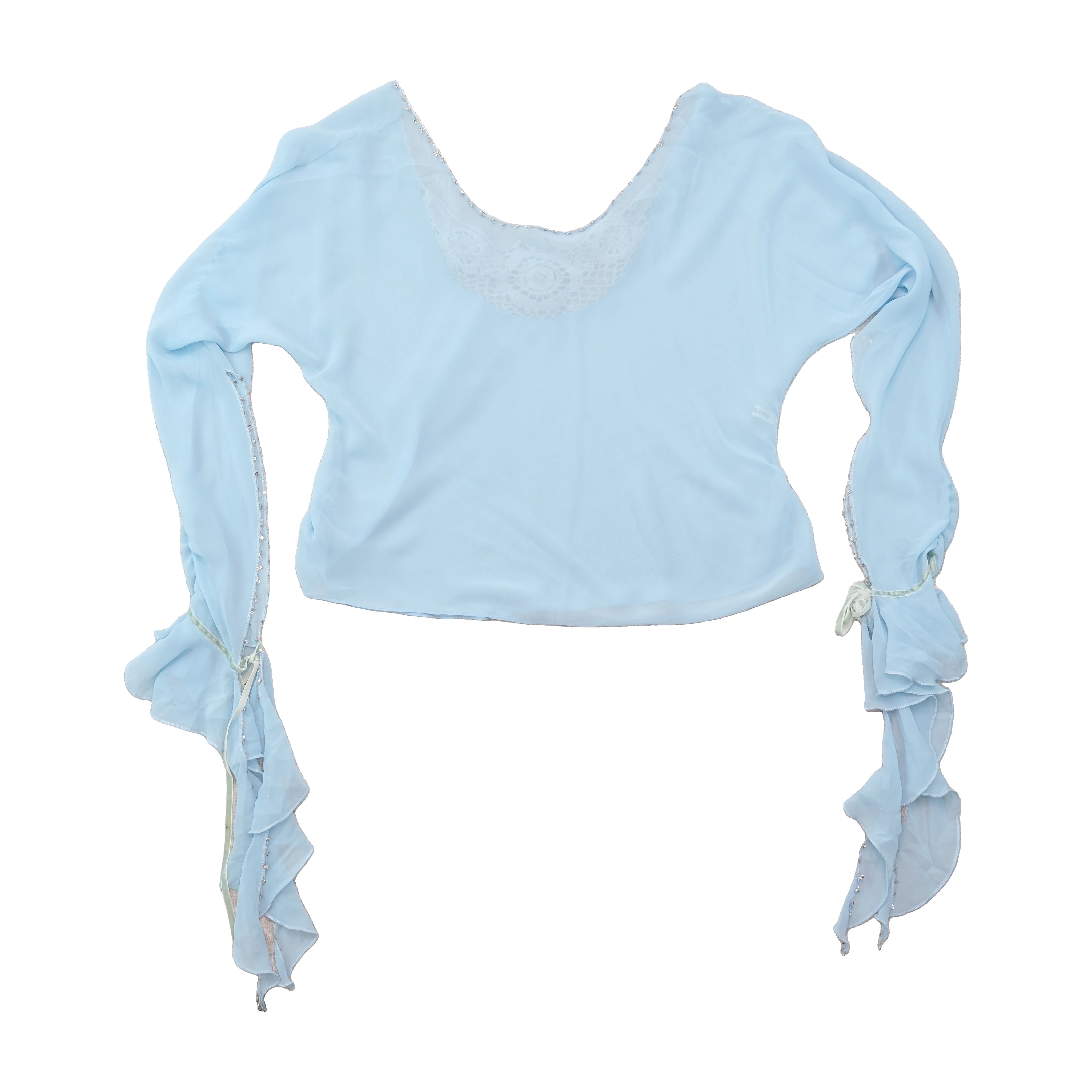 Blusa Transparente Times End azul com gola em Crochet e Missangas