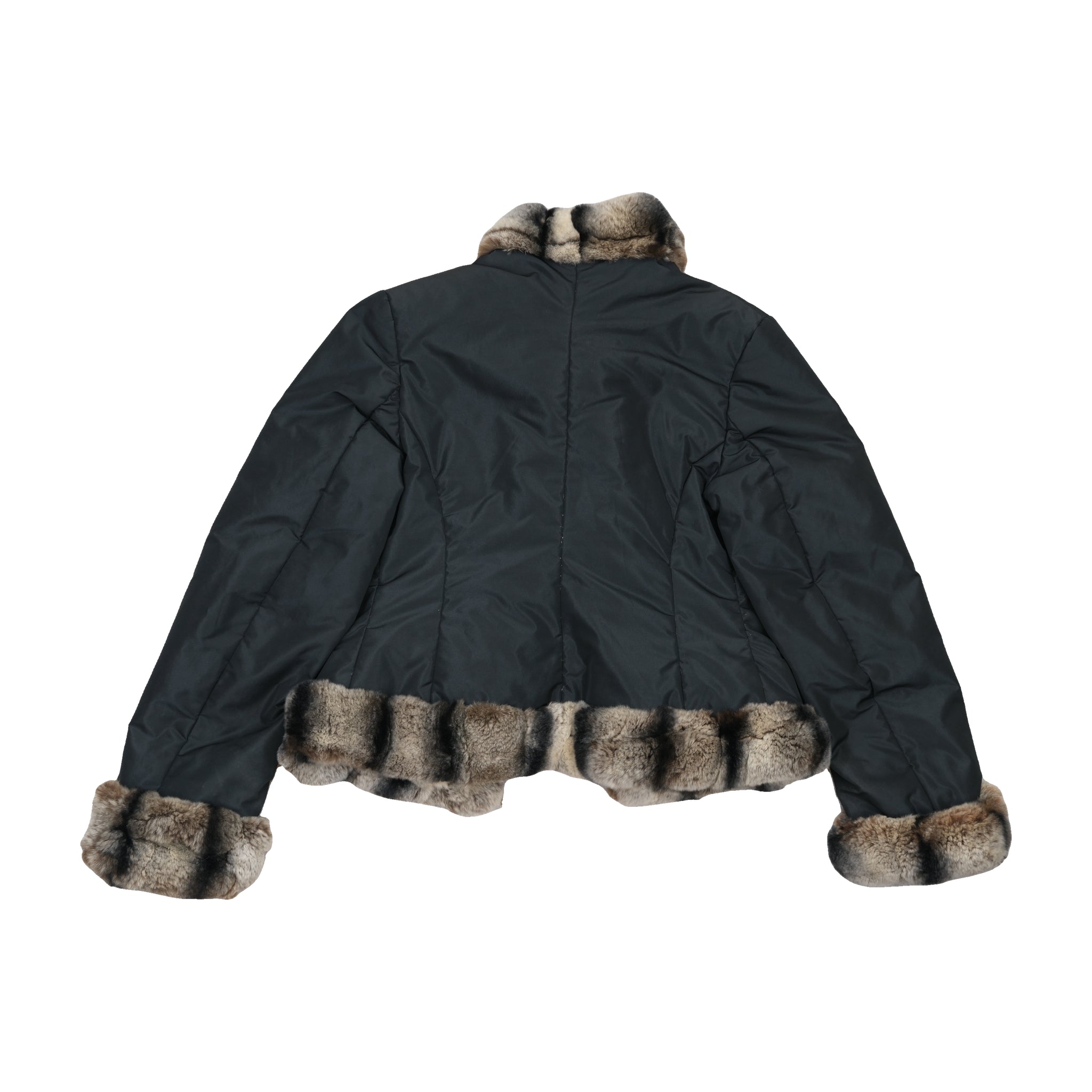 Black Puffer Jacket with Fur Trim Collar, Cuffs & Hem