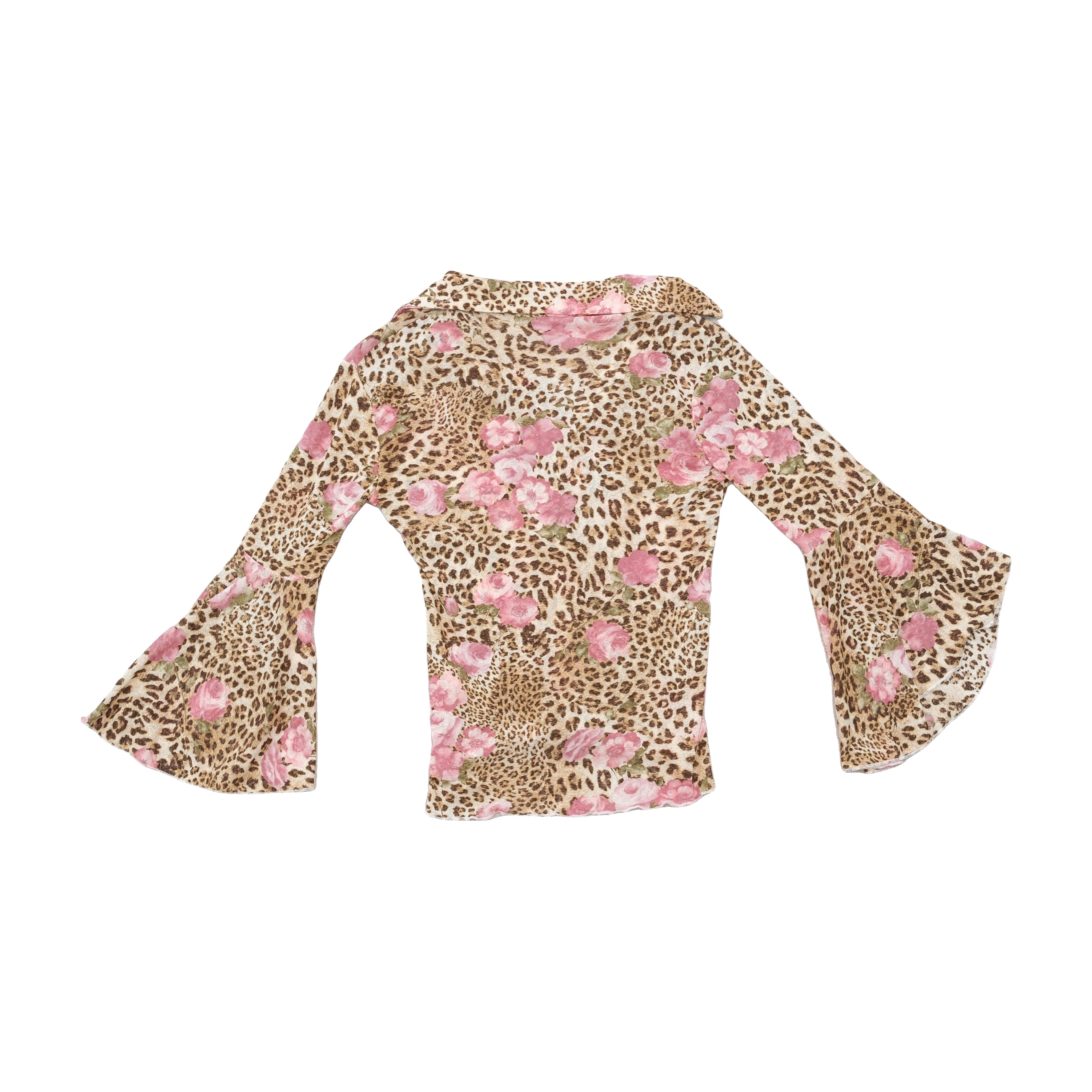 Blusa vintage de Manga de Sino com Folhos e estampado de Leopardo e rosas