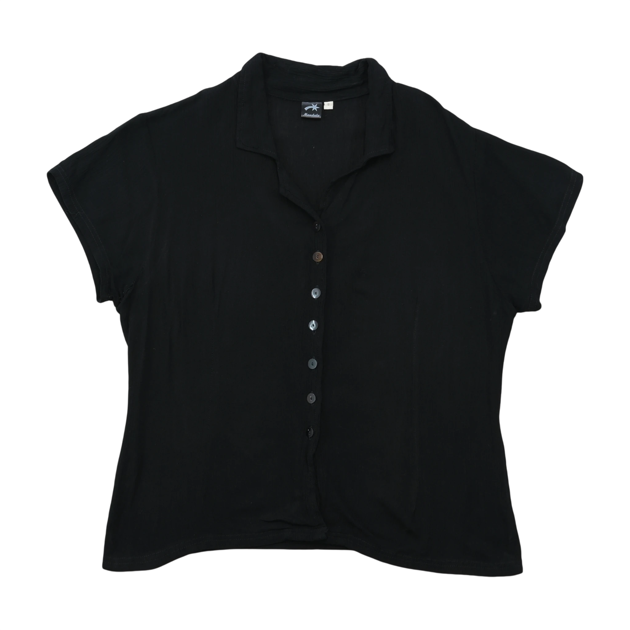 Blusa Mandala em Raiom preto de Manga curta com Botões à Frente