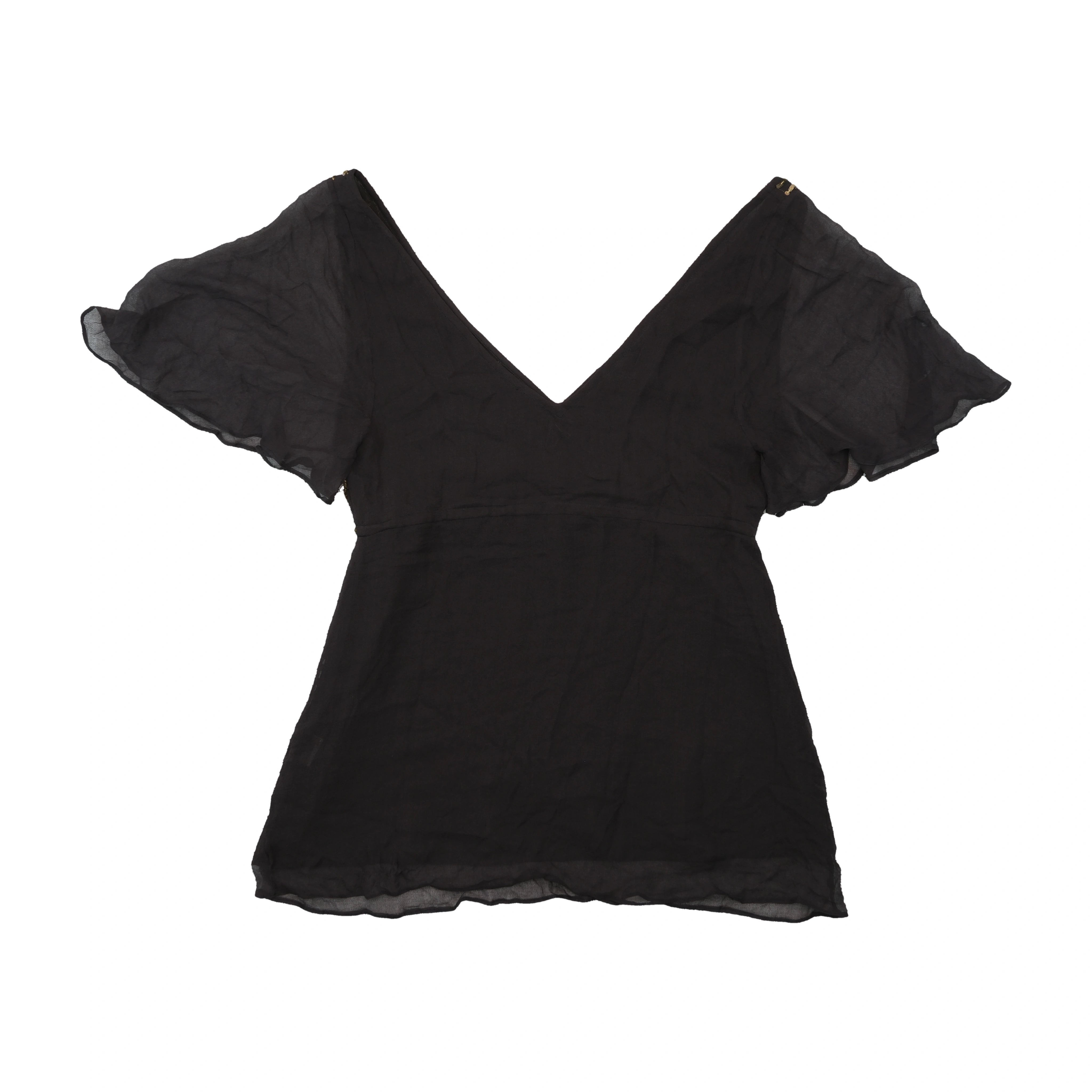 Black Silk Sequin Embellished Flutter Sleeve Blouse