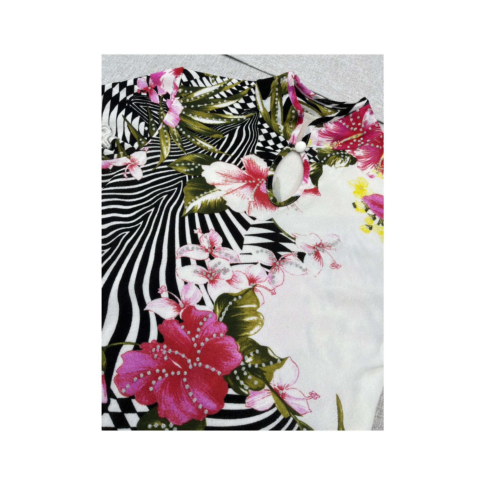 Vintage Floral Zebra Print Keyhole Blouse