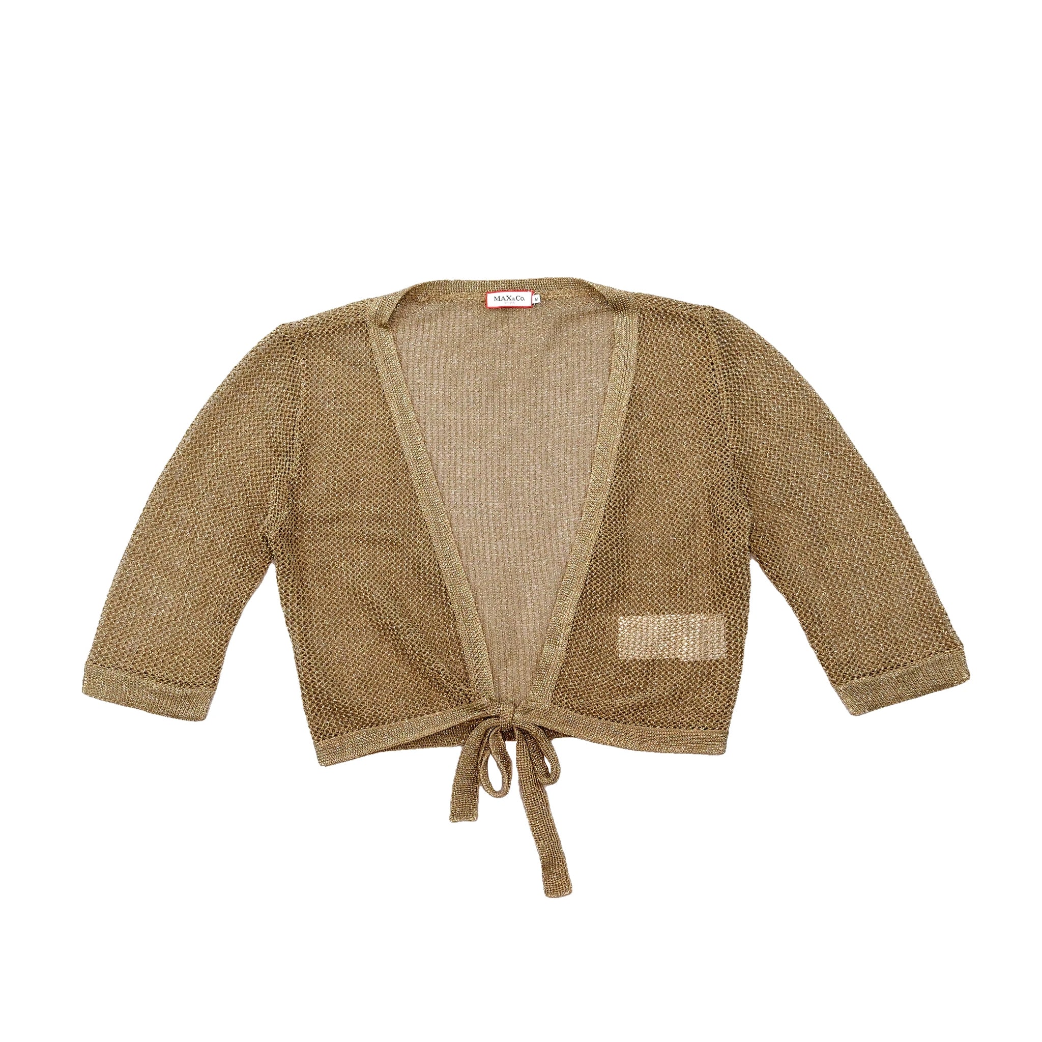 MAX&Co. Metallic Gold Open-Knit Tie-Front Cropped Cardigan 2