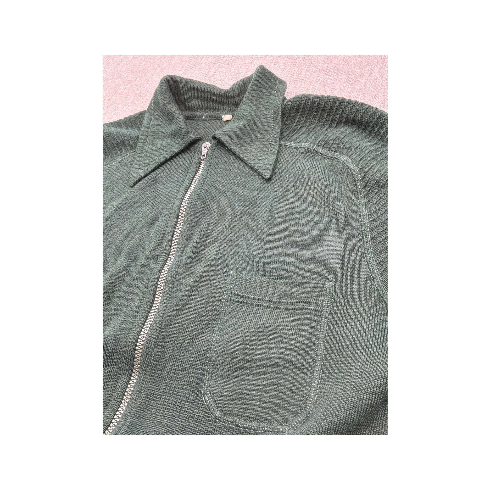 Vintage Dark Green Virgin Wool Blend Full Zip Collared Sweater