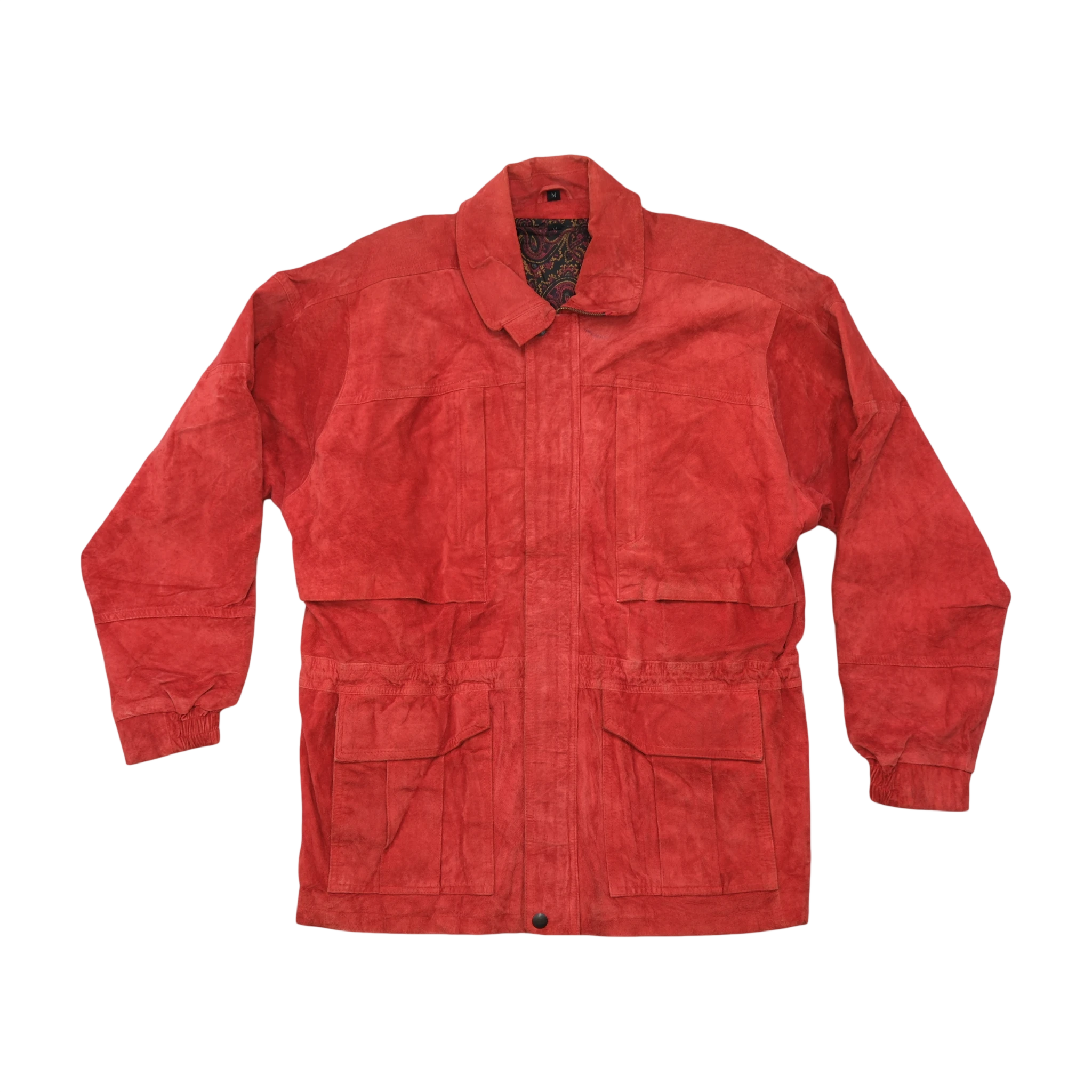 Red Suede Utility Jacket with Paisley Lining