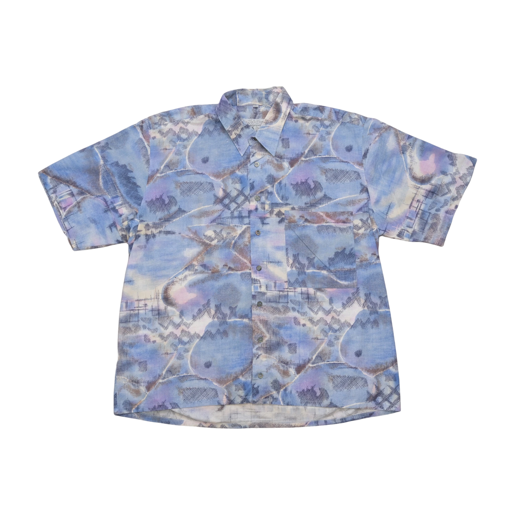 Abstract Blue Painterly Print Short Sleeve Shirt