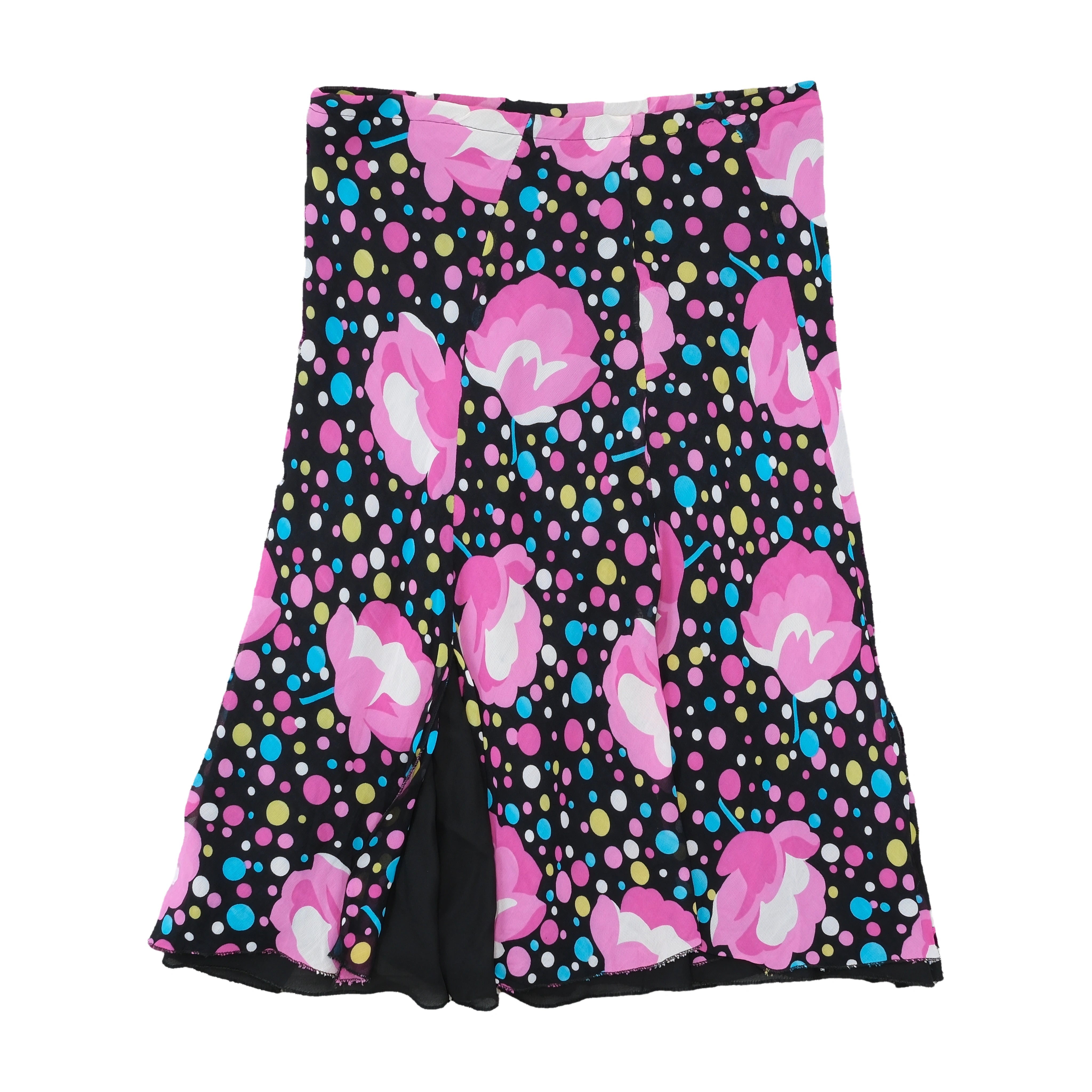 Multicolor Polka Dot and Pink Floral Paneled Flowy Midi Skirt