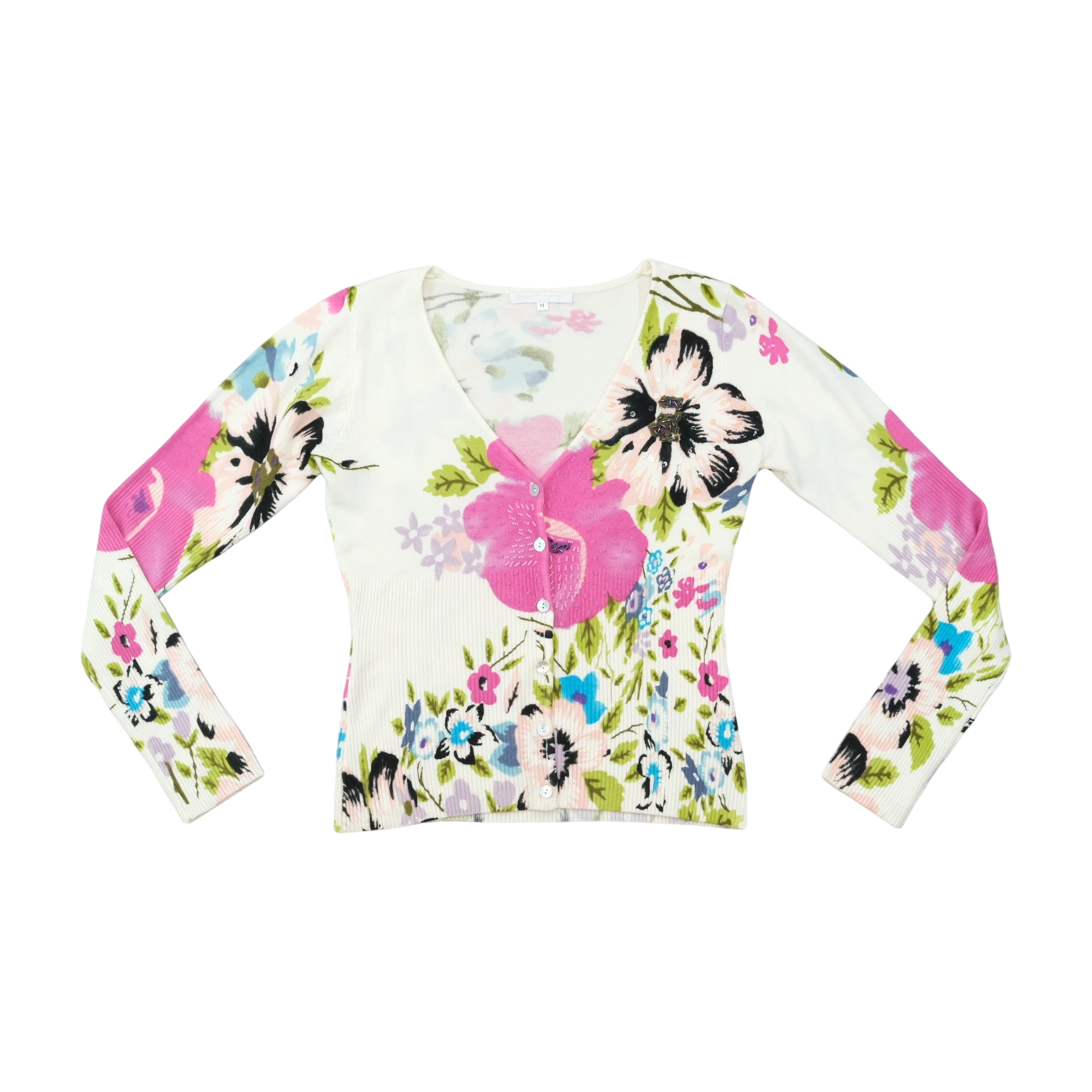 Floral Rib Knit V-Neck Button Cardigan Sweater