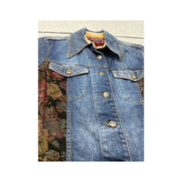 Indian Rose Vintage Patchwork Denim Jacket with Floral Tapestry Panels (Repriced)