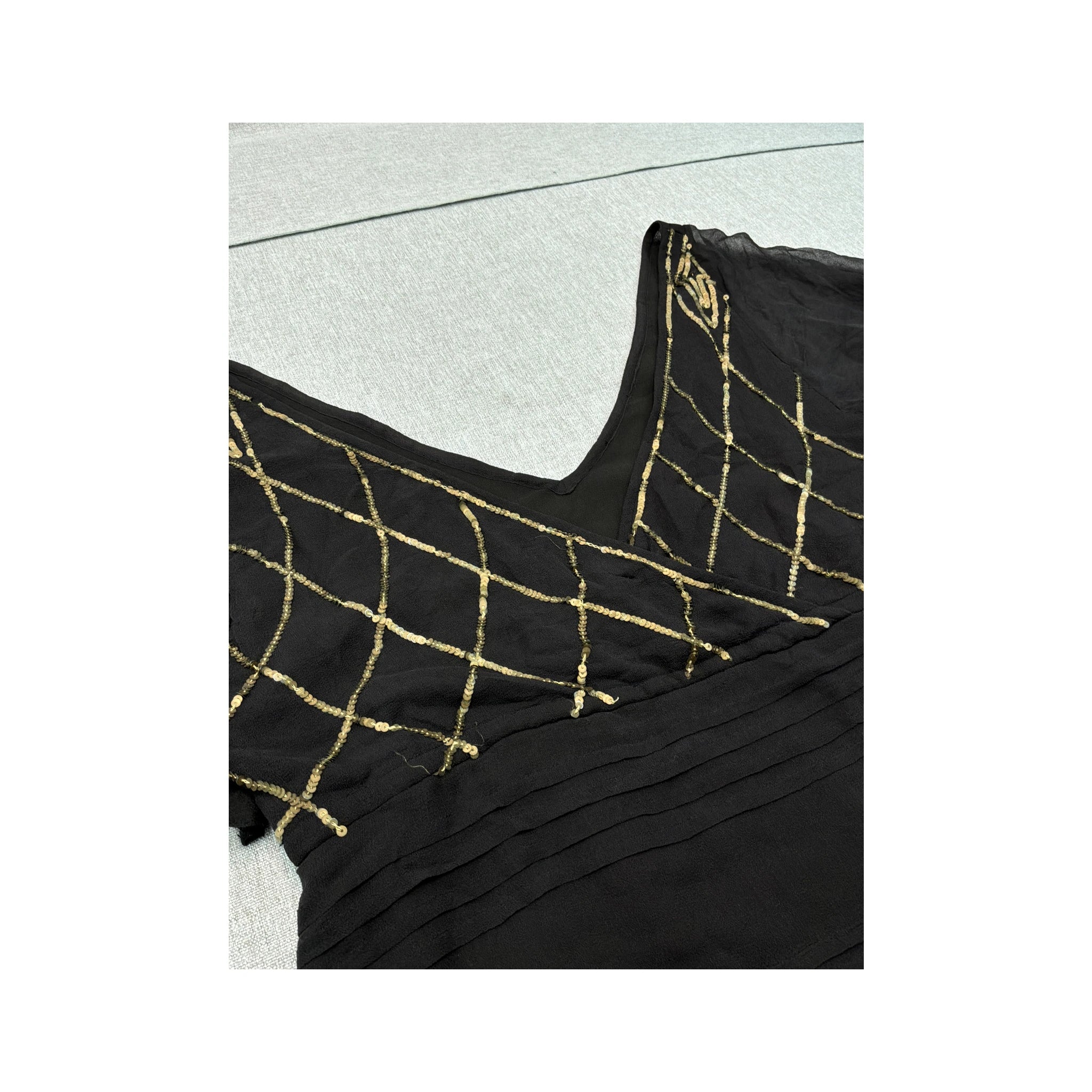 Black Silk Sequin Embellished Flutter Sleeve Blouse