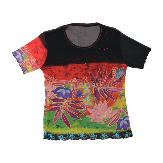 Sheer Mesh Sleeve Floral Rhinestone T-shirt