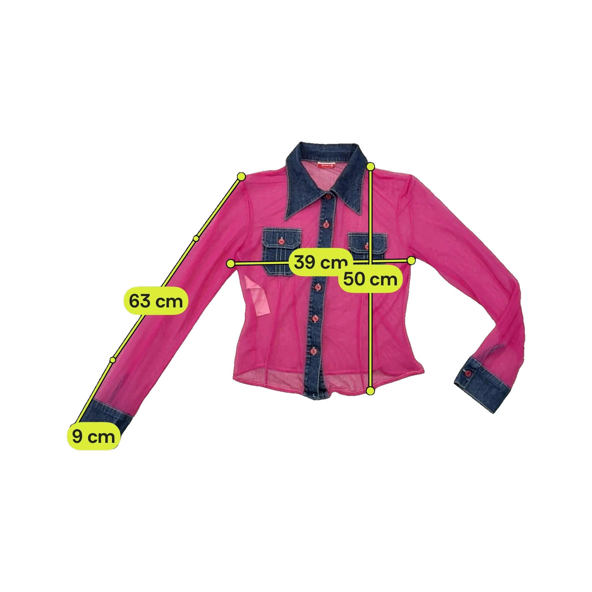 Babe Sheer Pink Mesh Button Up Shirt with Denim Trim