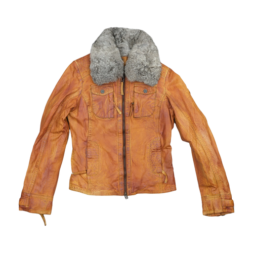 Brown/Orange Leather Jacket with Real Fur