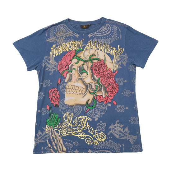 T-shirt Christian Audigier de Algodão com Gráfico de Caveira com Rosas e Strass