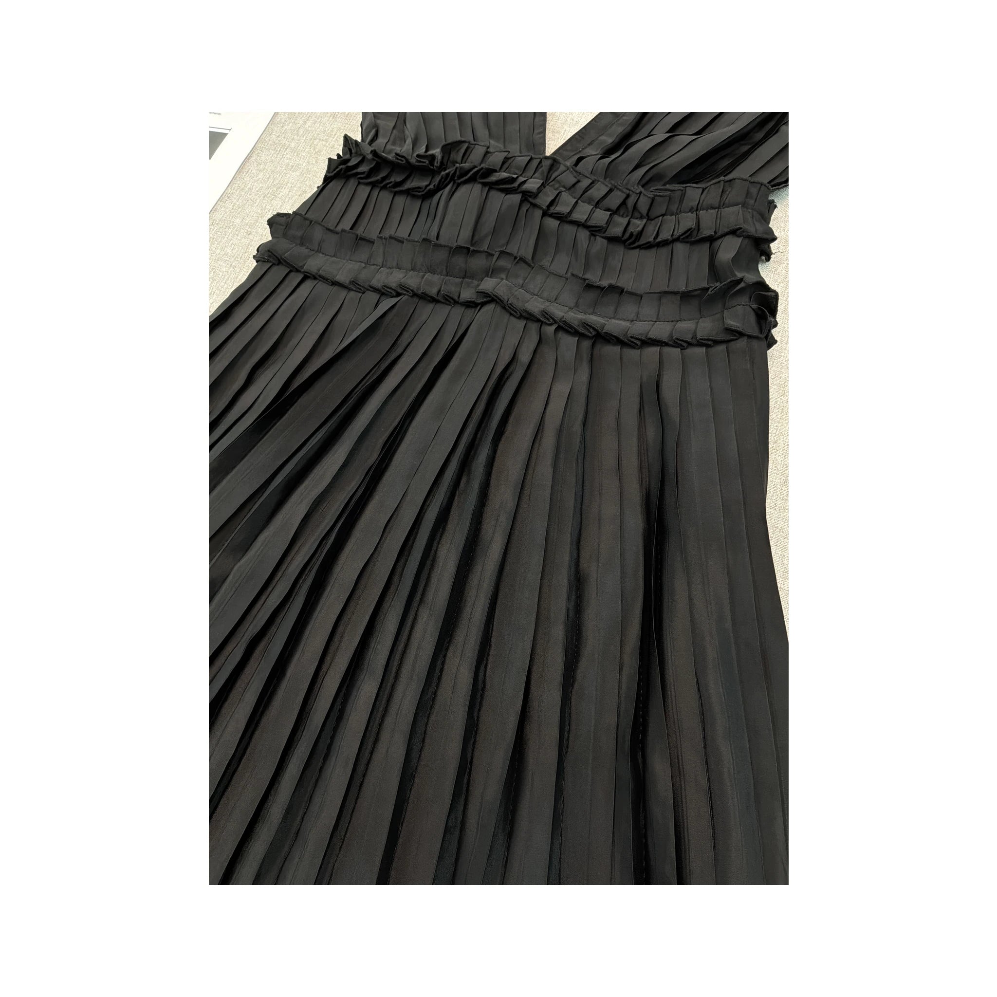 Miss Sixty Pinstripe Pleated Sleeveless Belted V-Neck Dress