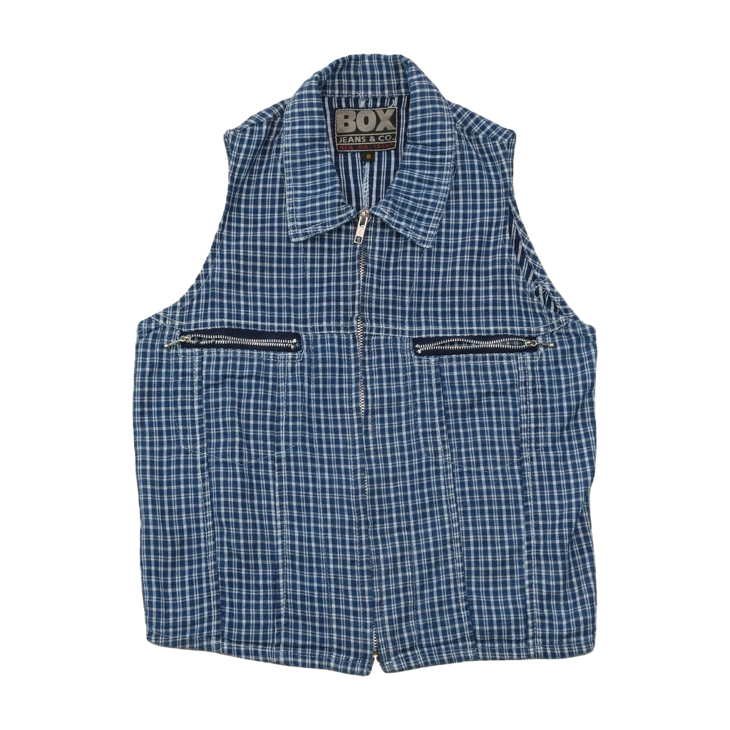 BOX Jeans & Co. Blue Plaid Zip Front Vest Jacket