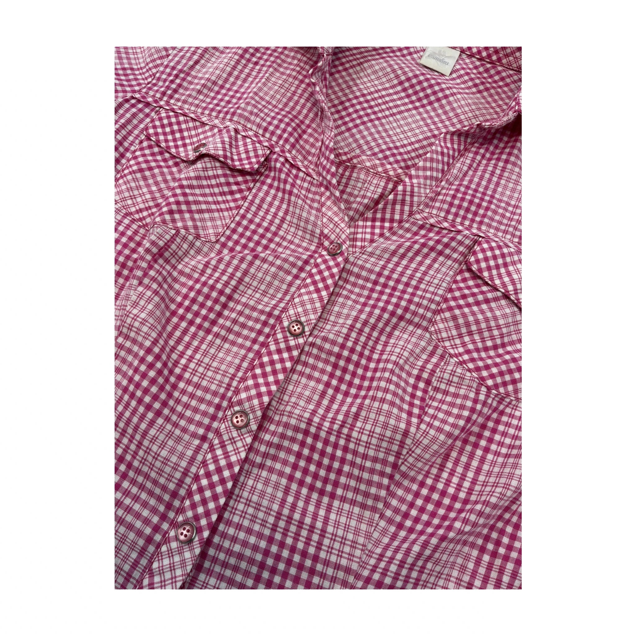 Women’s Pink Gingham Cotton Short-Sleeve Button-Up Shirt with Tie Front