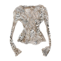NATURAL B Animal Print Sheer Ruffle Trim Blouse