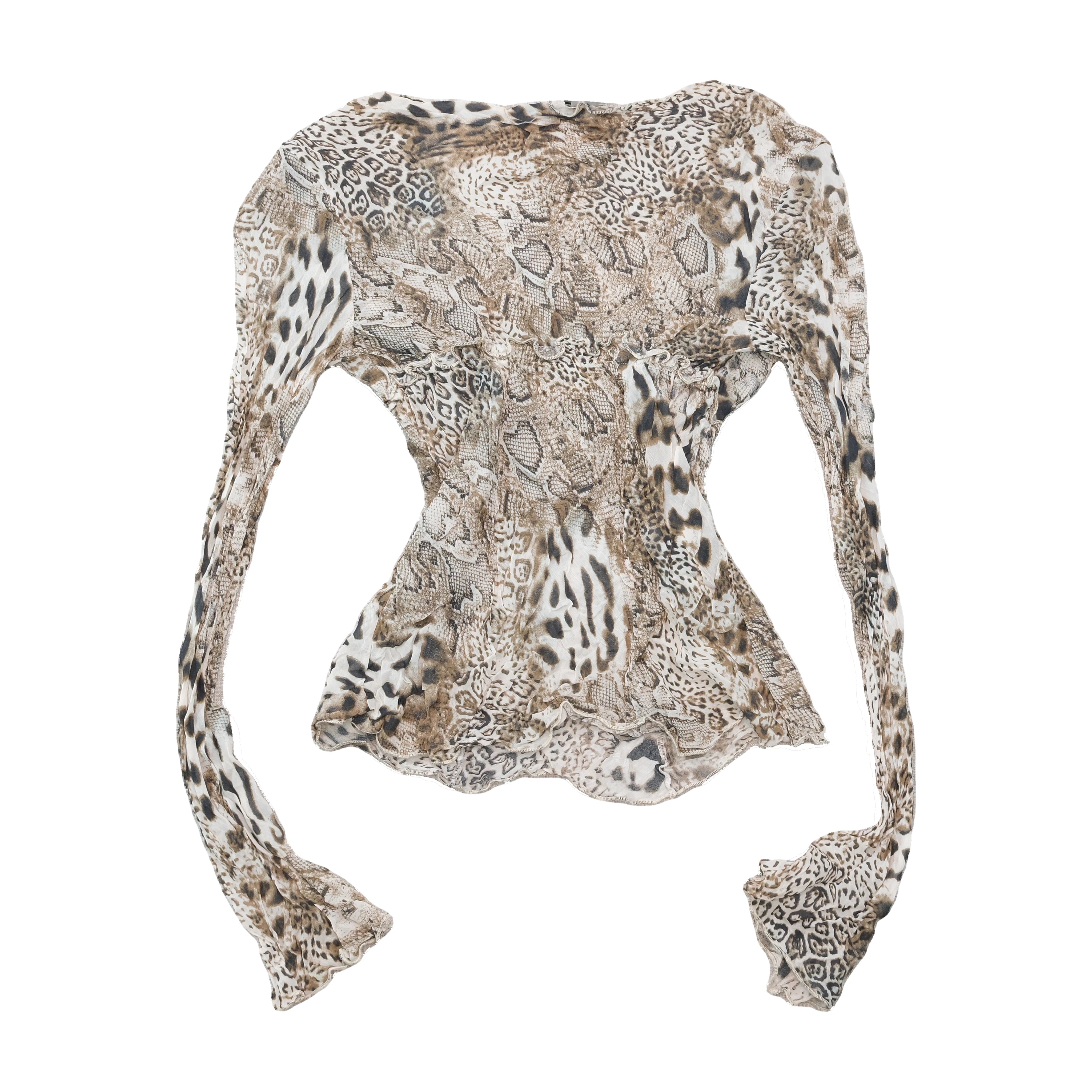 NATURAL B Animal Print Sheer Ruffle Trim Blouse