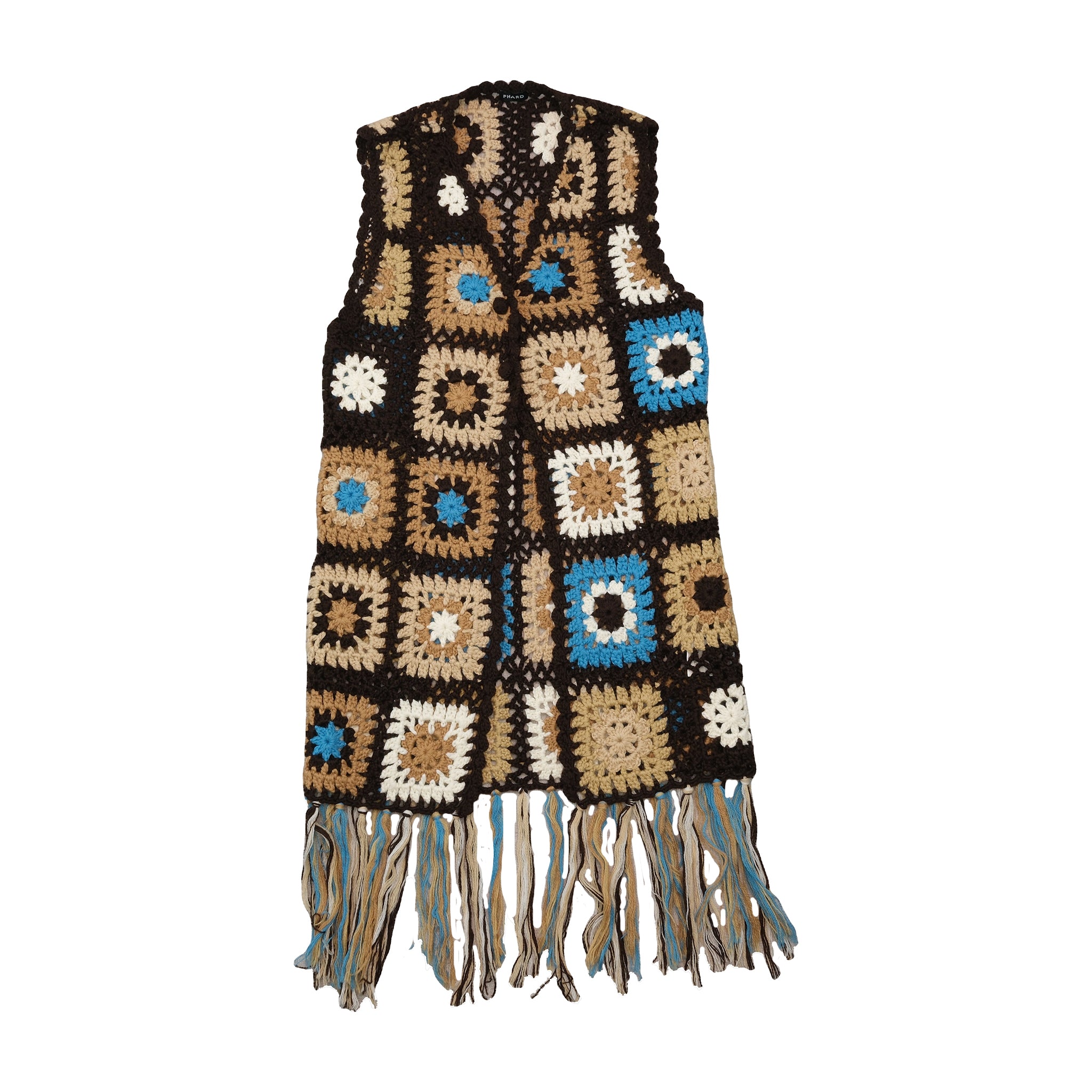 PHARD Crochet Granny Square Fringe Ramie Wool Sweater