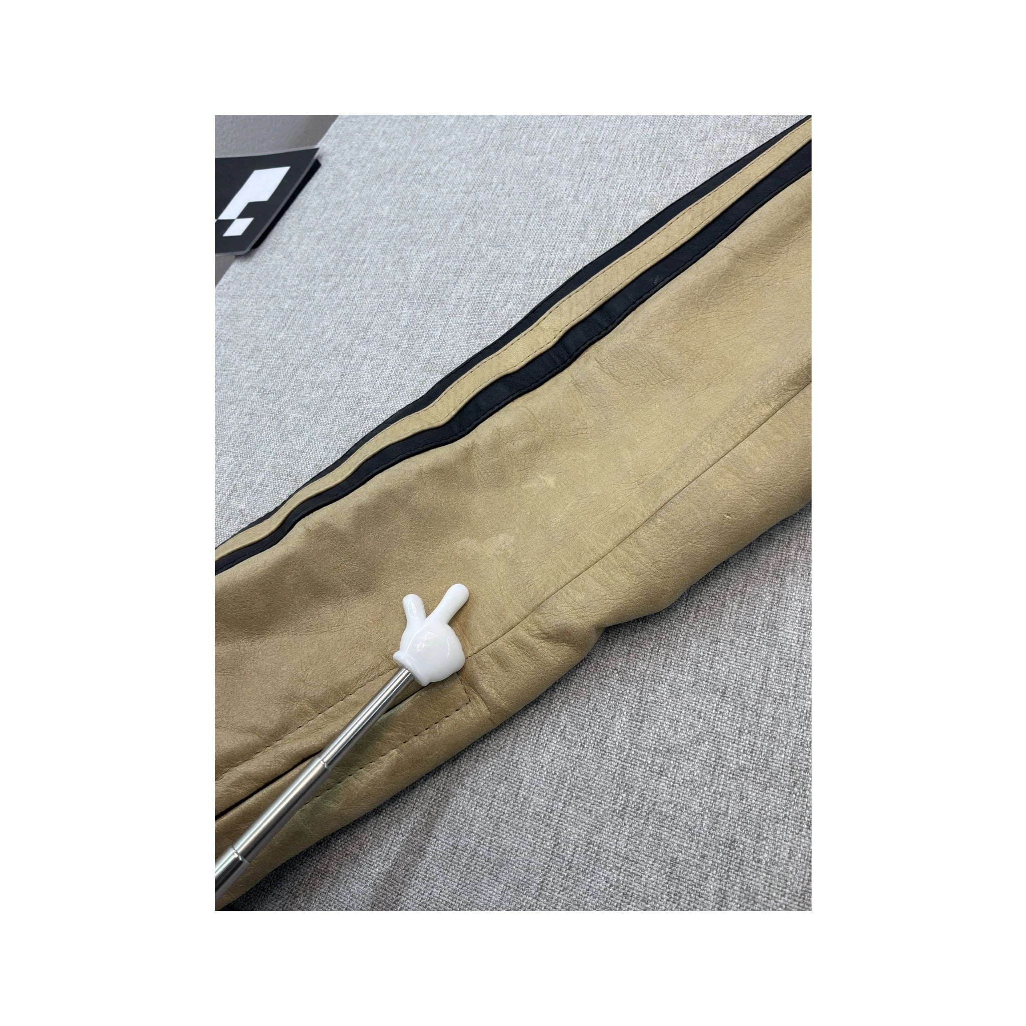 Vintage Beige Leather Moto Jacket with Black Racing Stripes