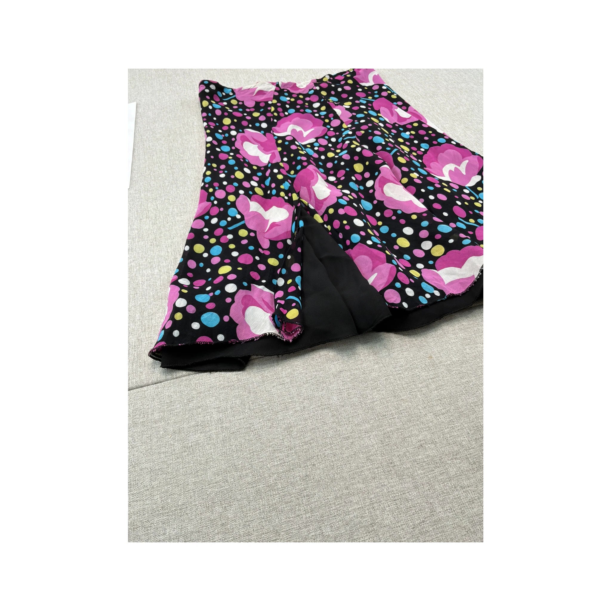 Multicolor Polka Dot and Pink Floral Paneled Flowy Midi Skirt
