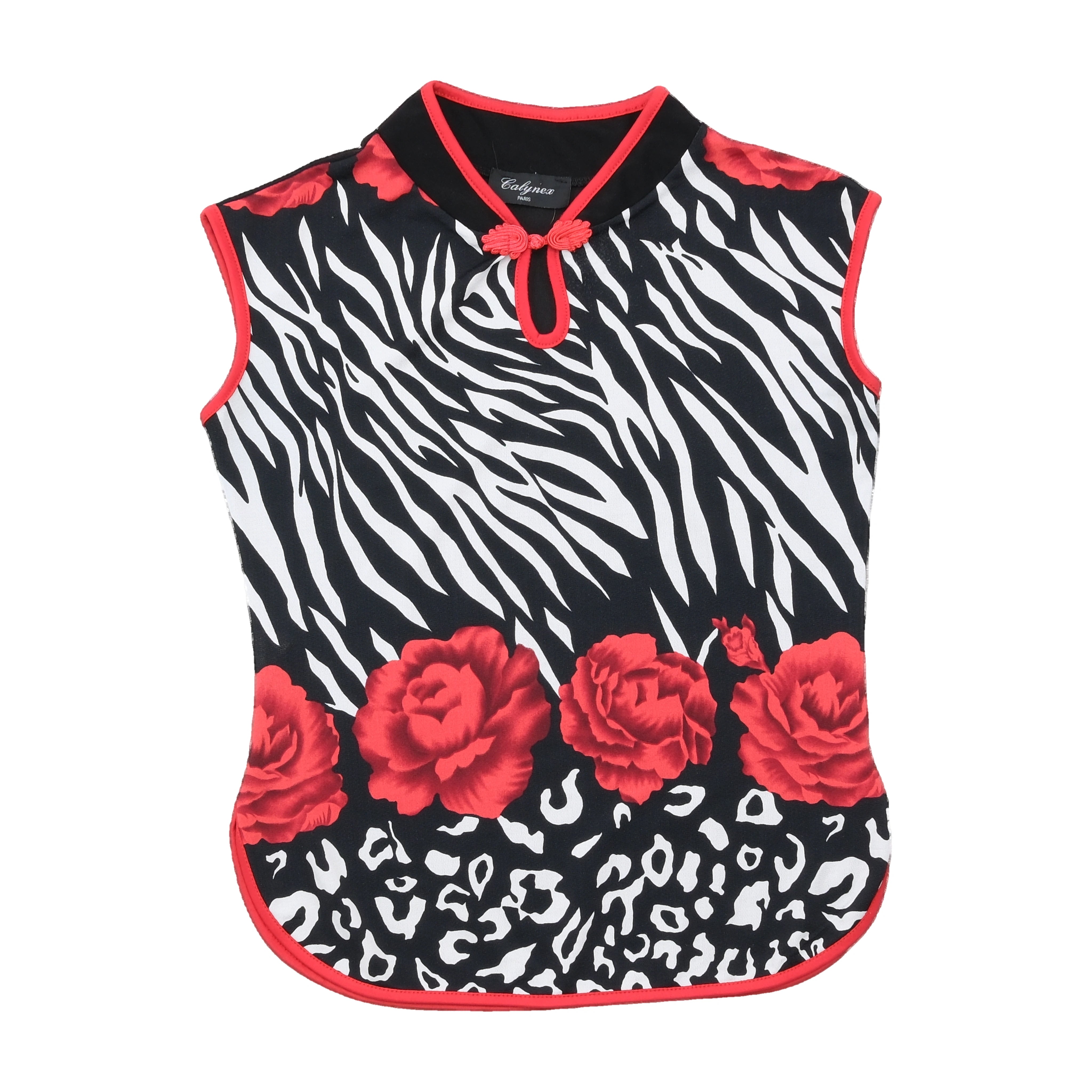Calyneo Paris Zebra Rose Print Mandarin Collar Blouse