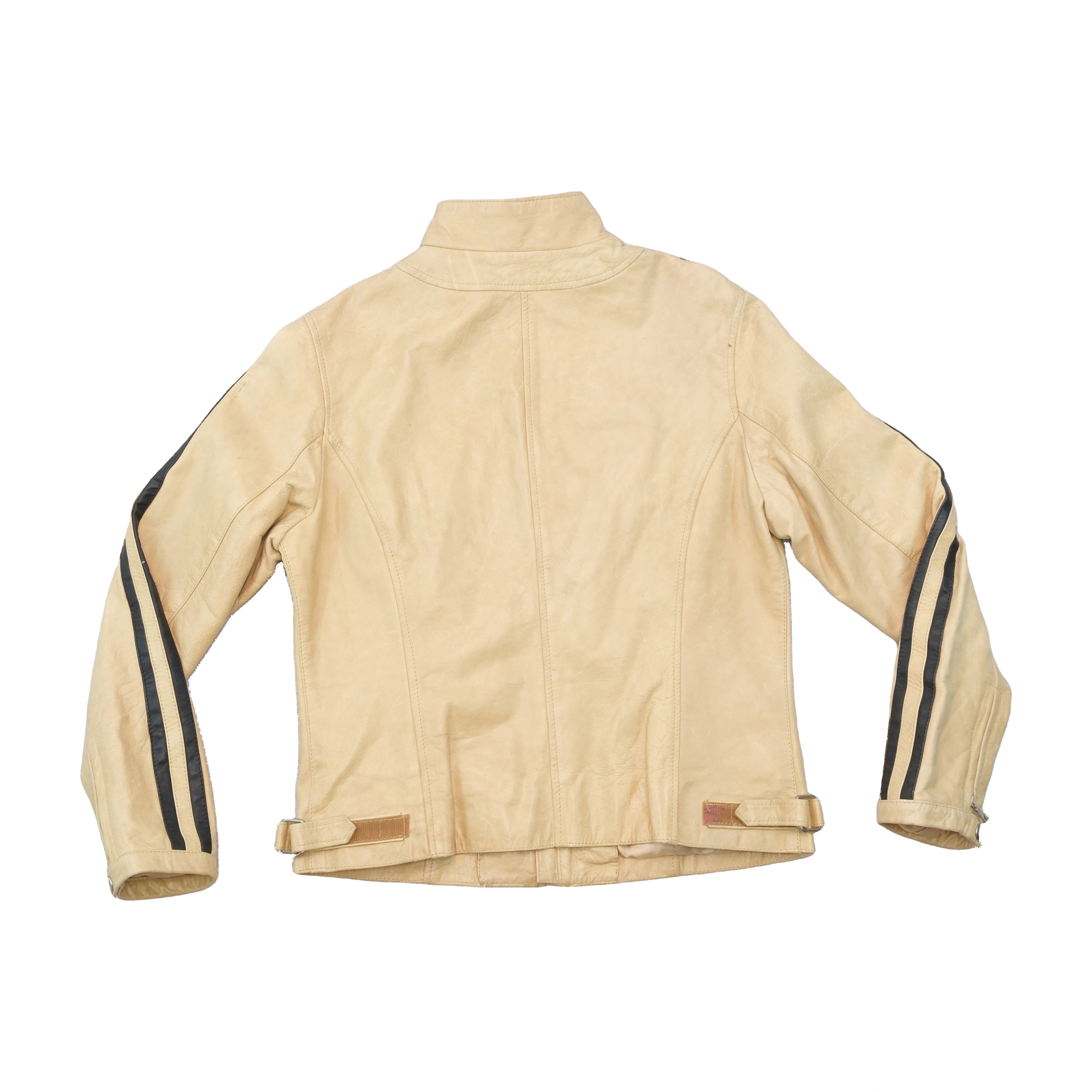 Vintage Beige Leather Moto Jacket with Black Racing Stripes