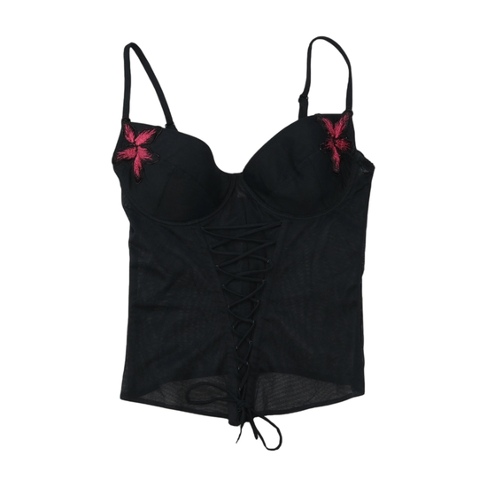 Vintage Black Mesh Lace Up Embroidered Corset Blouse