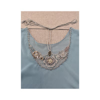 Times End Beaded Crochet Neck Sheer Blue Blouse