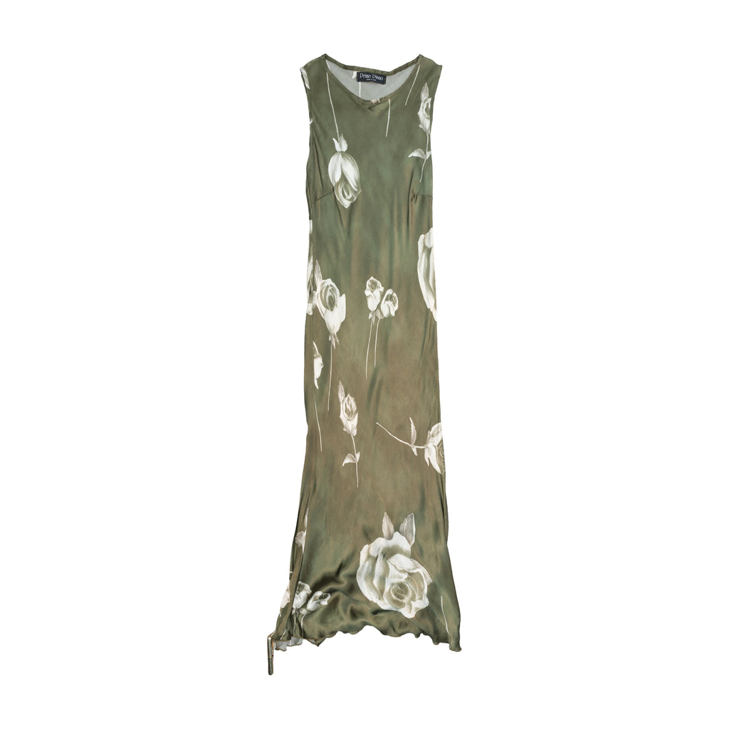 Primo Piano Olive Green Rose Print Sleeveless Maxi Dress