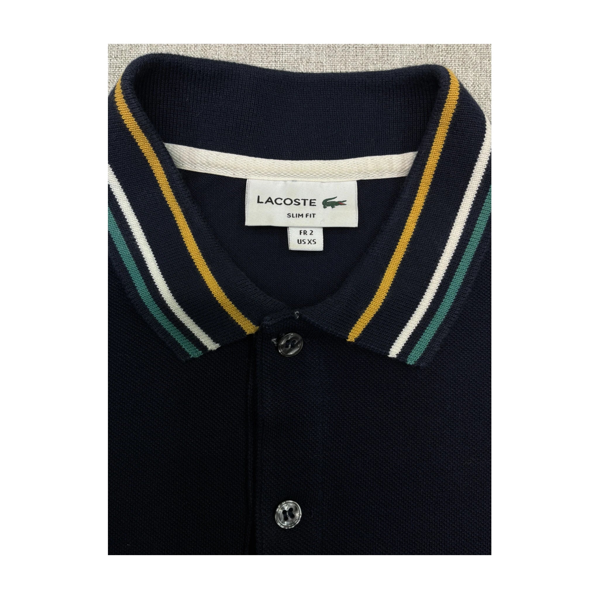 Lacoste Slim Fit Navy Striped Collar Cotton Polo Shirt