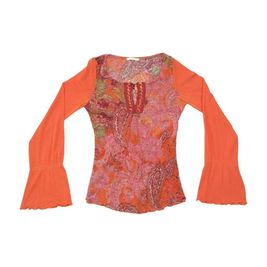 Blusa Y2K em Rede de Manga de Sino com estampado Paisley