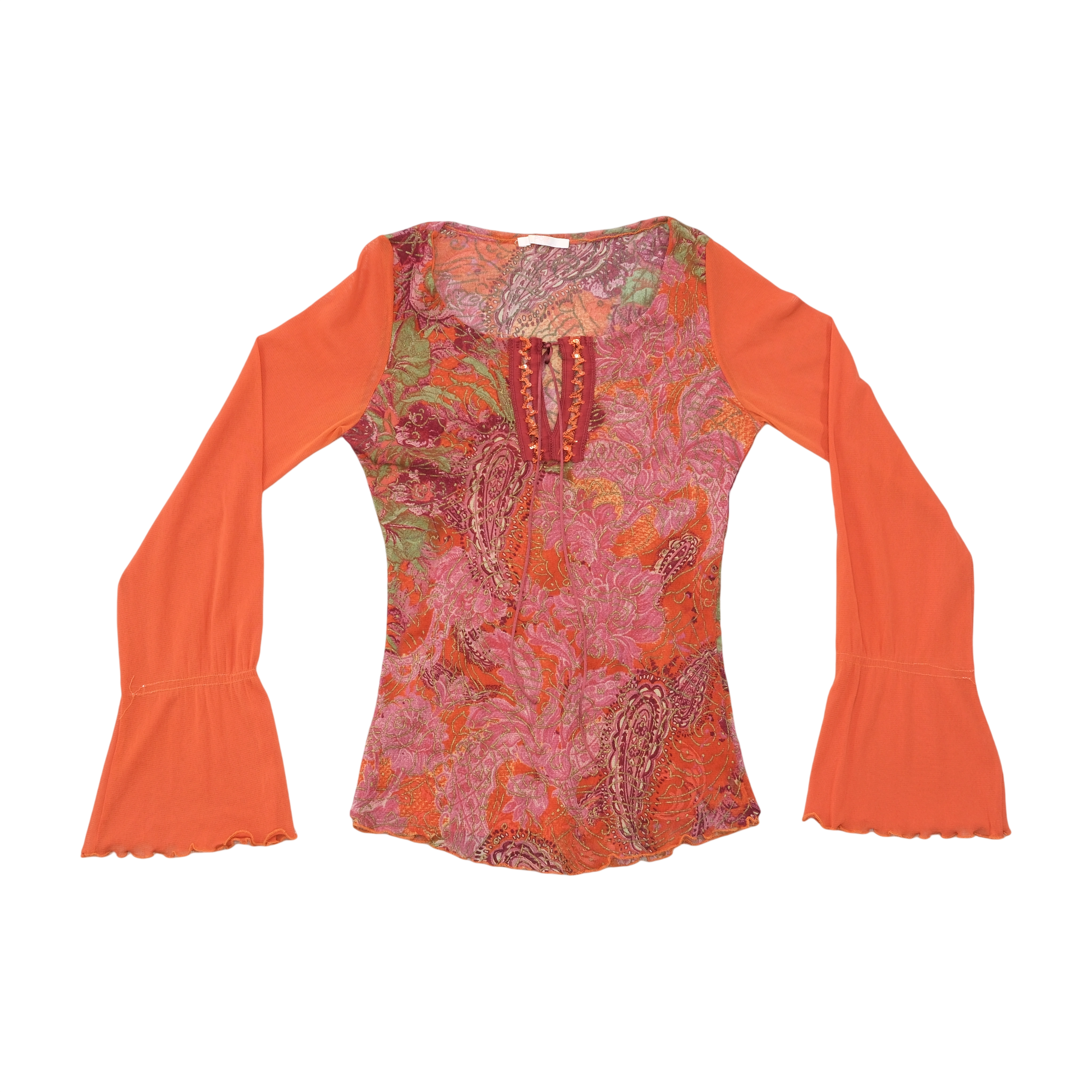 Blusa Y2K em Rede de Manga de Sino com estampado Paisley