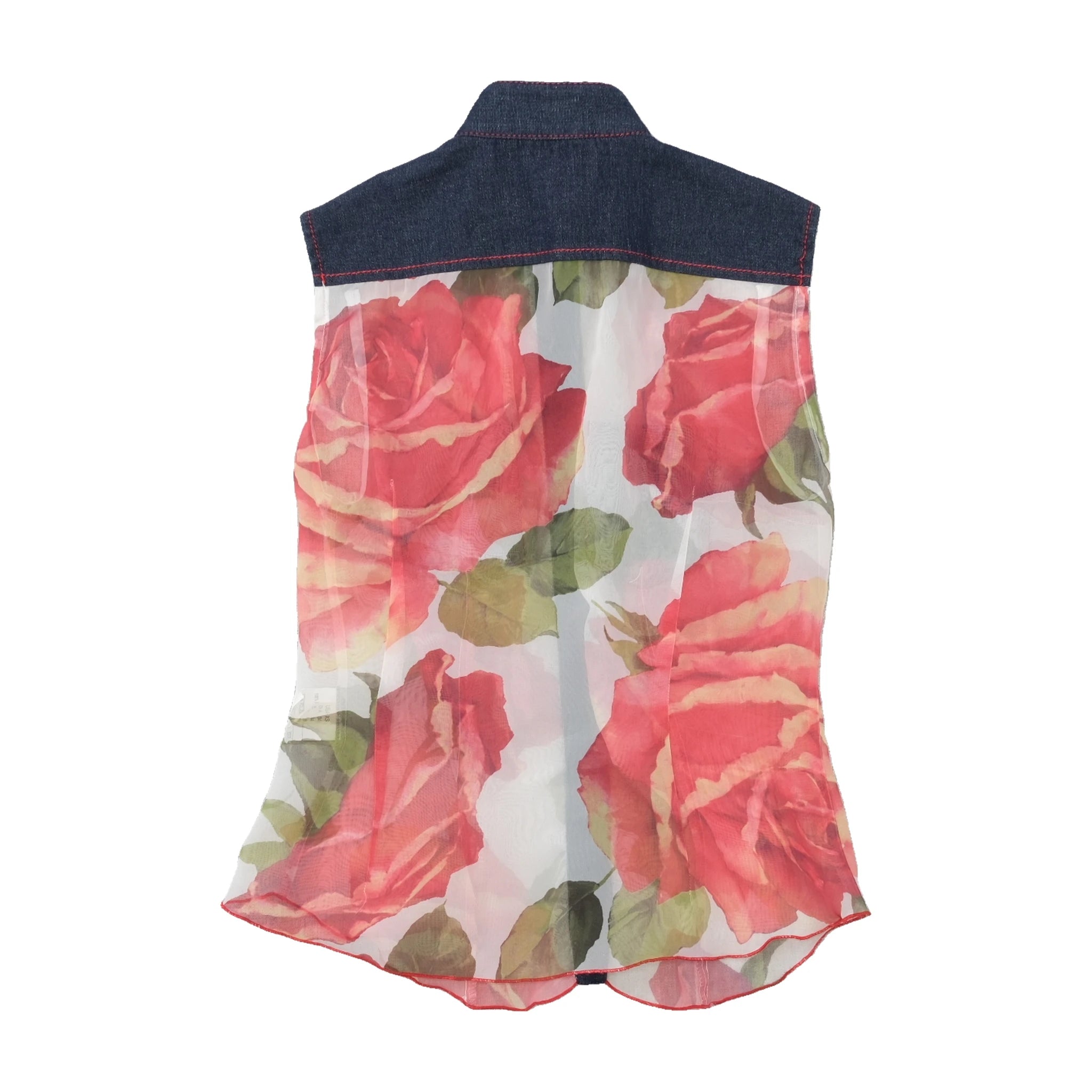 Blusa Transparente em poliéster sem mangas com estampado de rosas, Botões à Frente e gola Estilo ganga