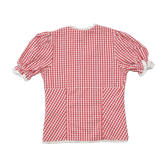 Vintage Red Gingham Puff Sleeve Cotton Blouse