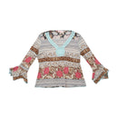Max-w Floral Stripe Crochet Trim Bell Sleeve Blouse (repriced)