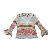 Max-w Floral Stripe Crochet Trim Bell Sleeve Blouse (repriced)