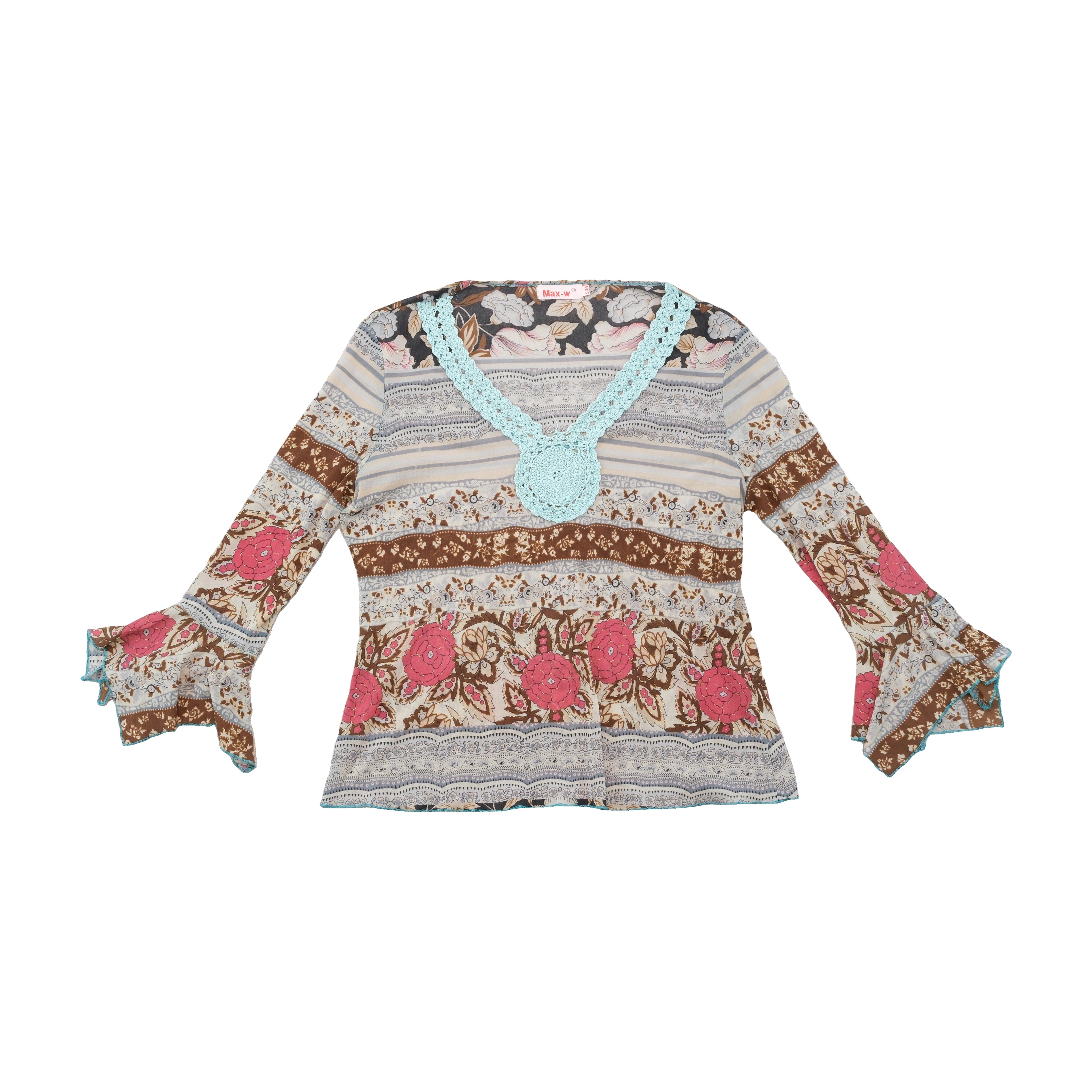Max-w Floral Stripe Crochet Trim Bell Sleeve Blouse (repriced)