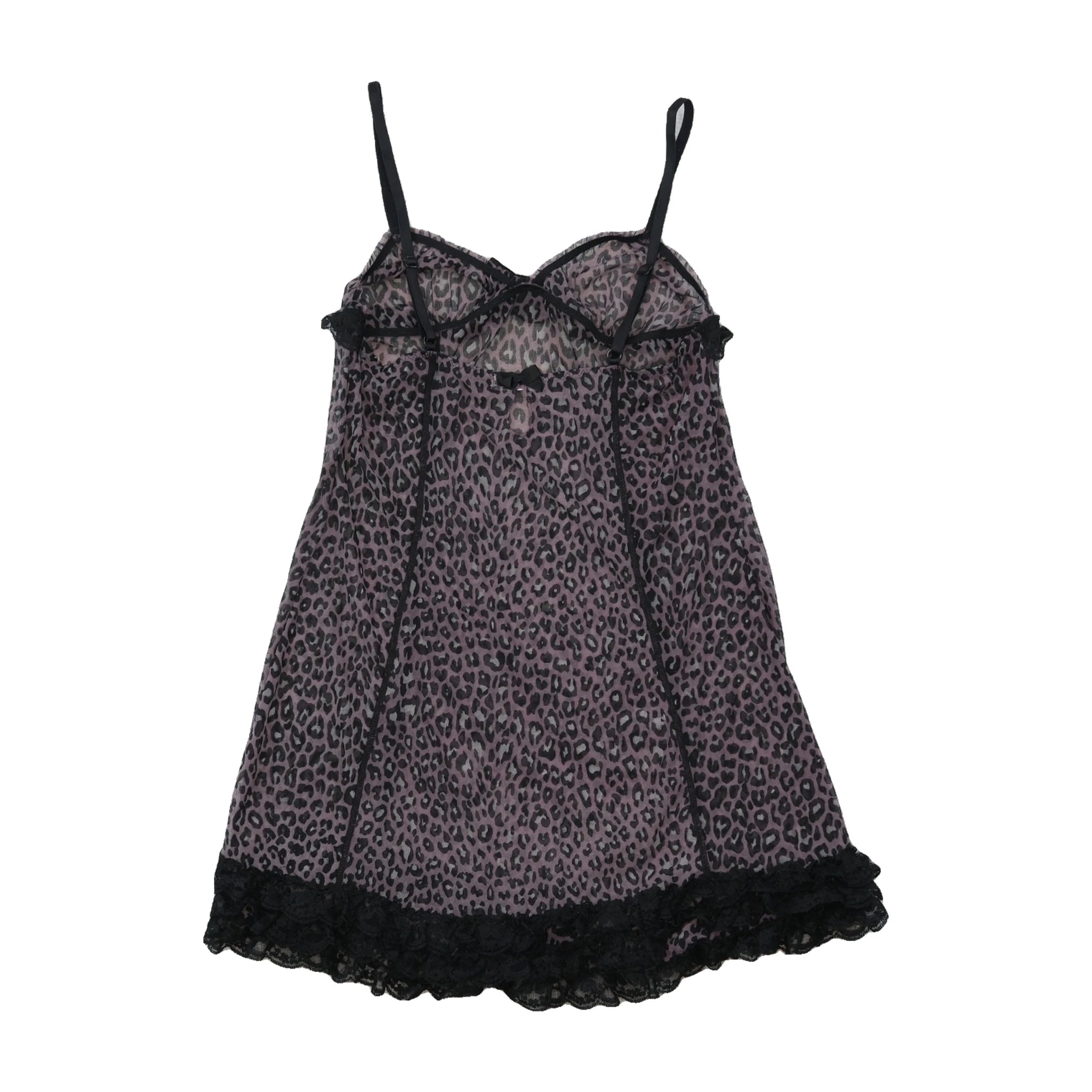 OshO Leopard Print Sheer Mesh Babydoll Slip Dress