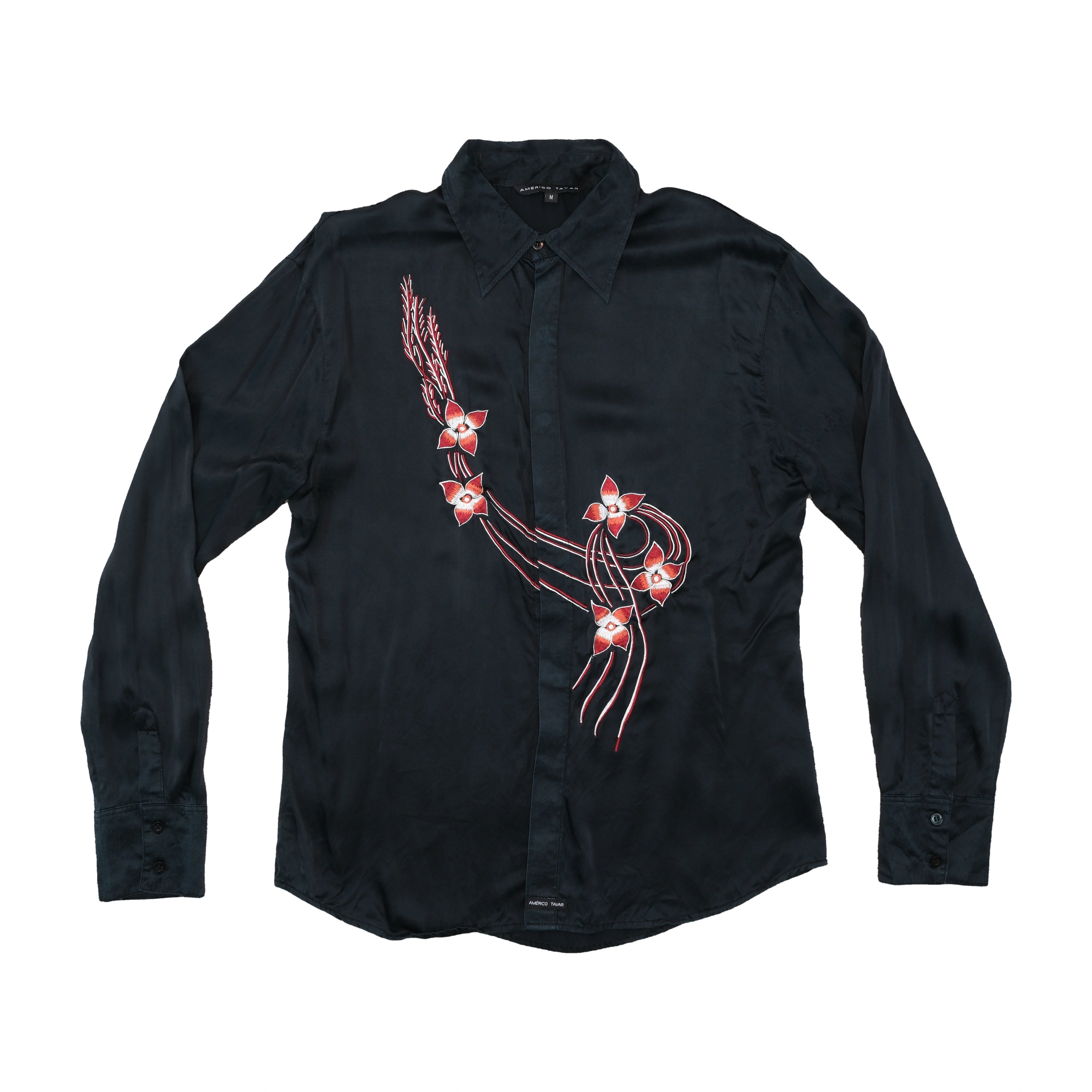 Americo Tavar Embroidered Floral Silk Long-Sleeve Button-Up Shirt
