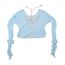 Times End Beaded Crochet Neck Sheer Blue Blouse